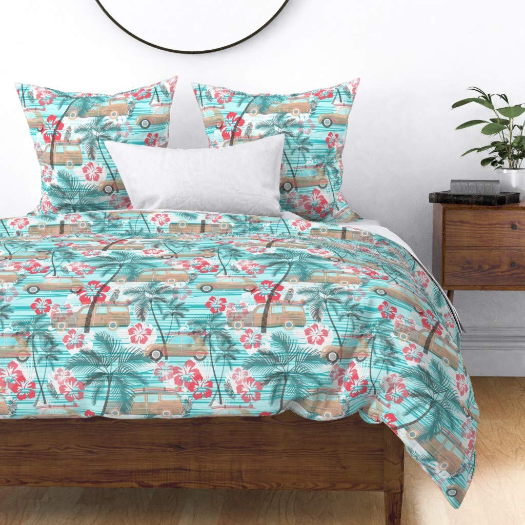 Vintage Hawaiian Beach Cruiser Duvet Cover - Cotton Sateen Full/Queen Size with Palm Trees, Hibiscus Flowers & Classic Cars Print | Custom Bedding by Spoonflower | Perfect for Tropical Bedroom Decor & Vacation Home Styling