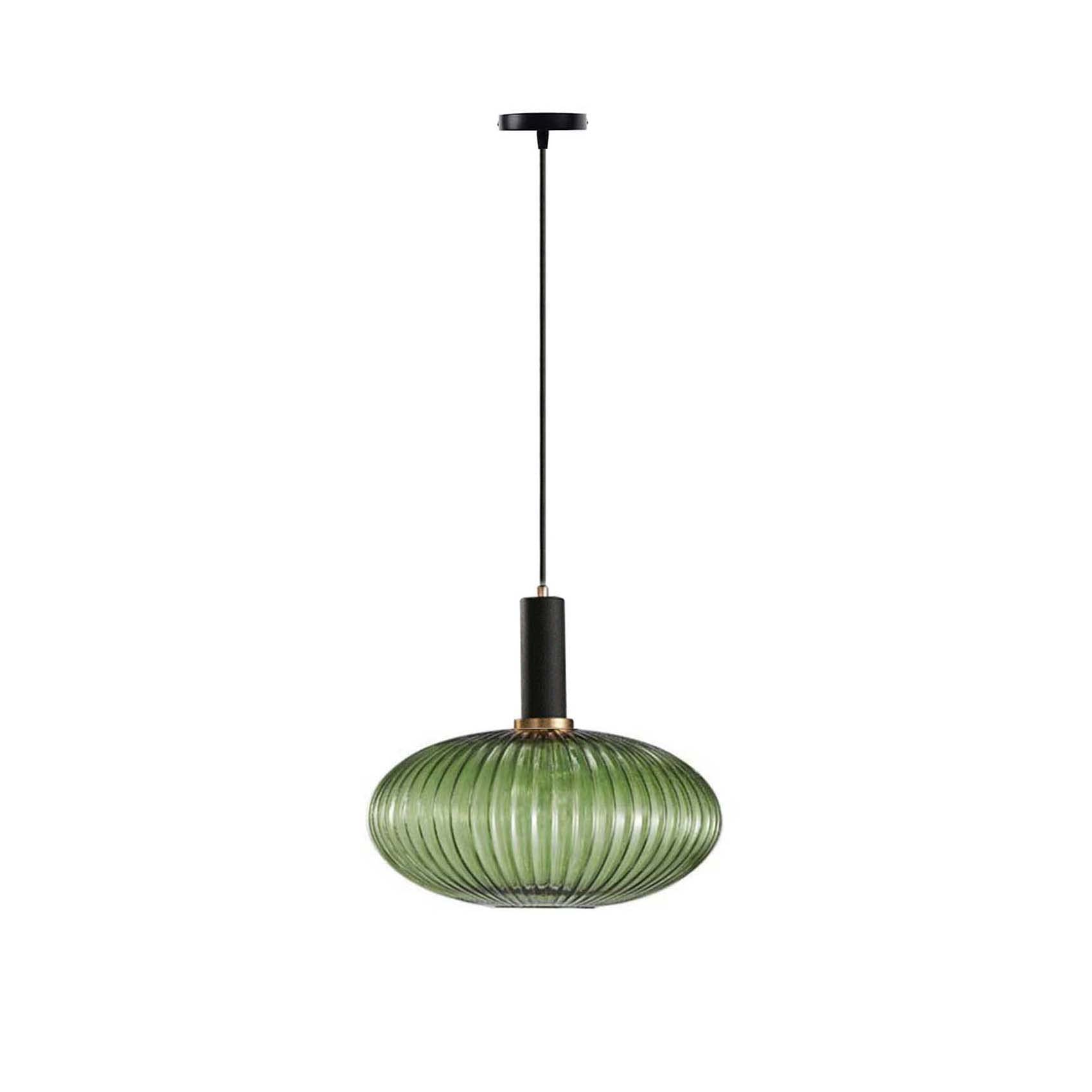 Modern Black Pendant Light with Striped Glass Shade - Farmhouse Kitchen Island Hanging Fixture for Dining Room, Living Room, or Bedroom (Large, Green)
