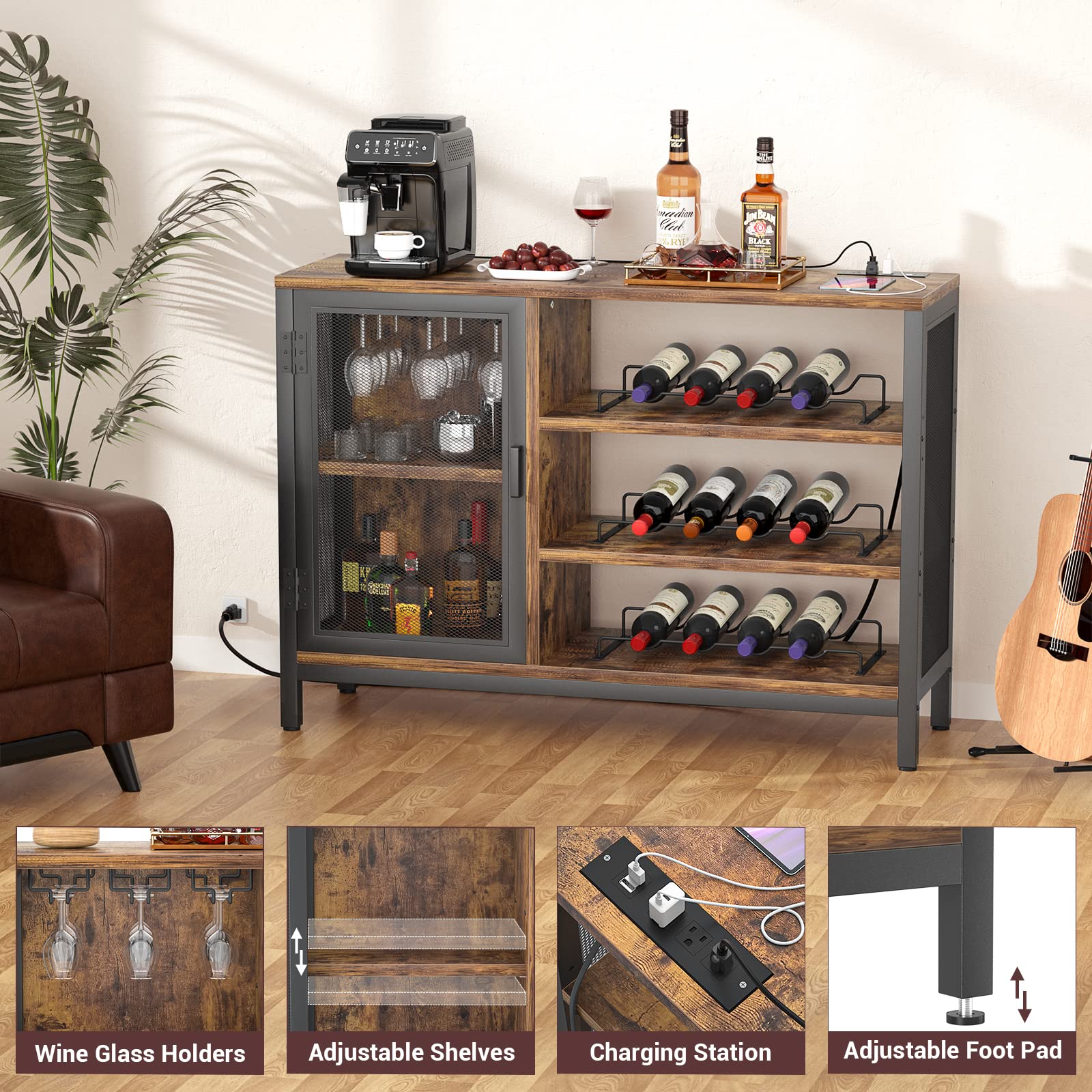 Homieasy Industrial Wine Bar Cabinet with Power Outlets - Farmhouse Coffee & Liquor Storage with Removable Wine Racks & Glass Display - Rustic Brown Bar Cabinet for Kitchen, Dining Room or Home Bar Setup