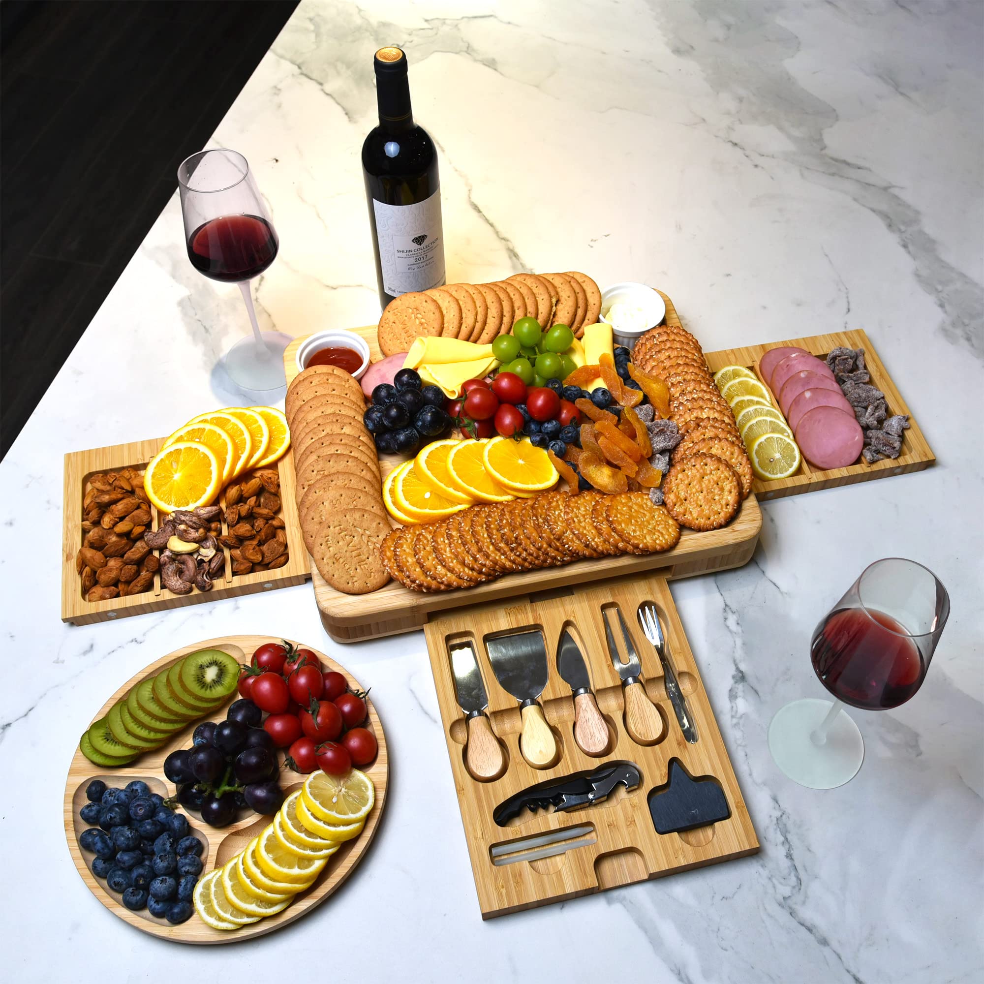 Premium Bamboo Charcuterie Board Set with Knives - Large Wooden Cheese Platter for Entertaining, Housewarming Gifts, Wedding Registry & Birthday Presents - Perfect for Wine Parties, Charcuterie Nights & Holiday Gatherings