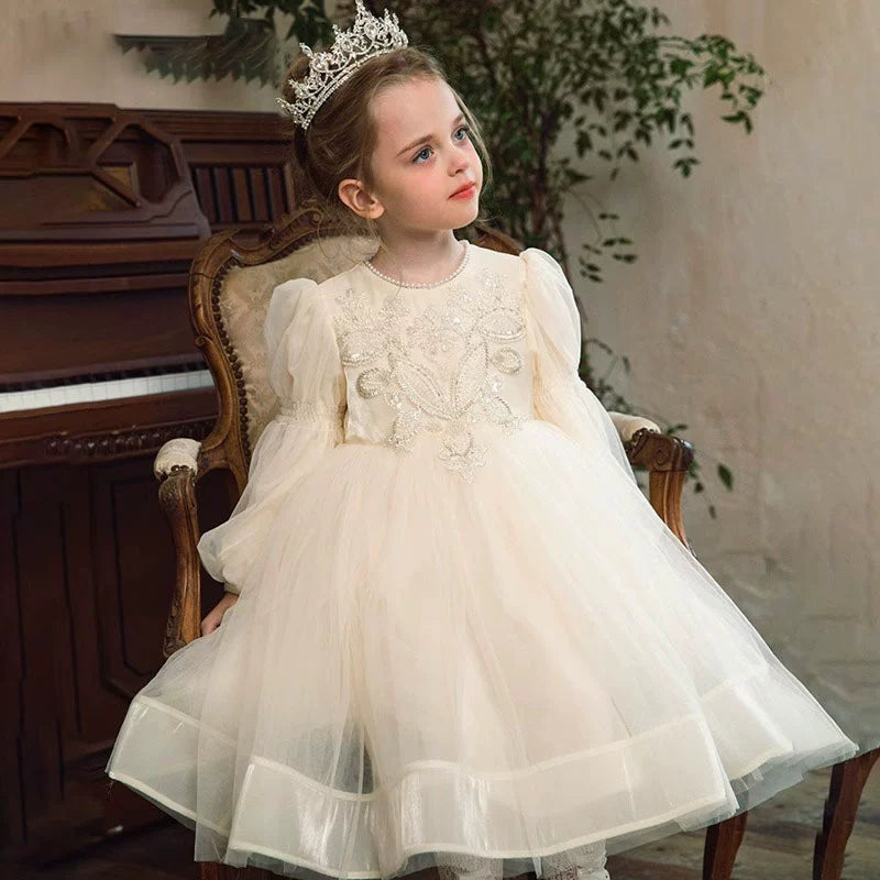 Ivory Princess Round Tea Length Tulle Flower Girl Dress - Perfect for Weddings, Birthday Parties & Special Occasions