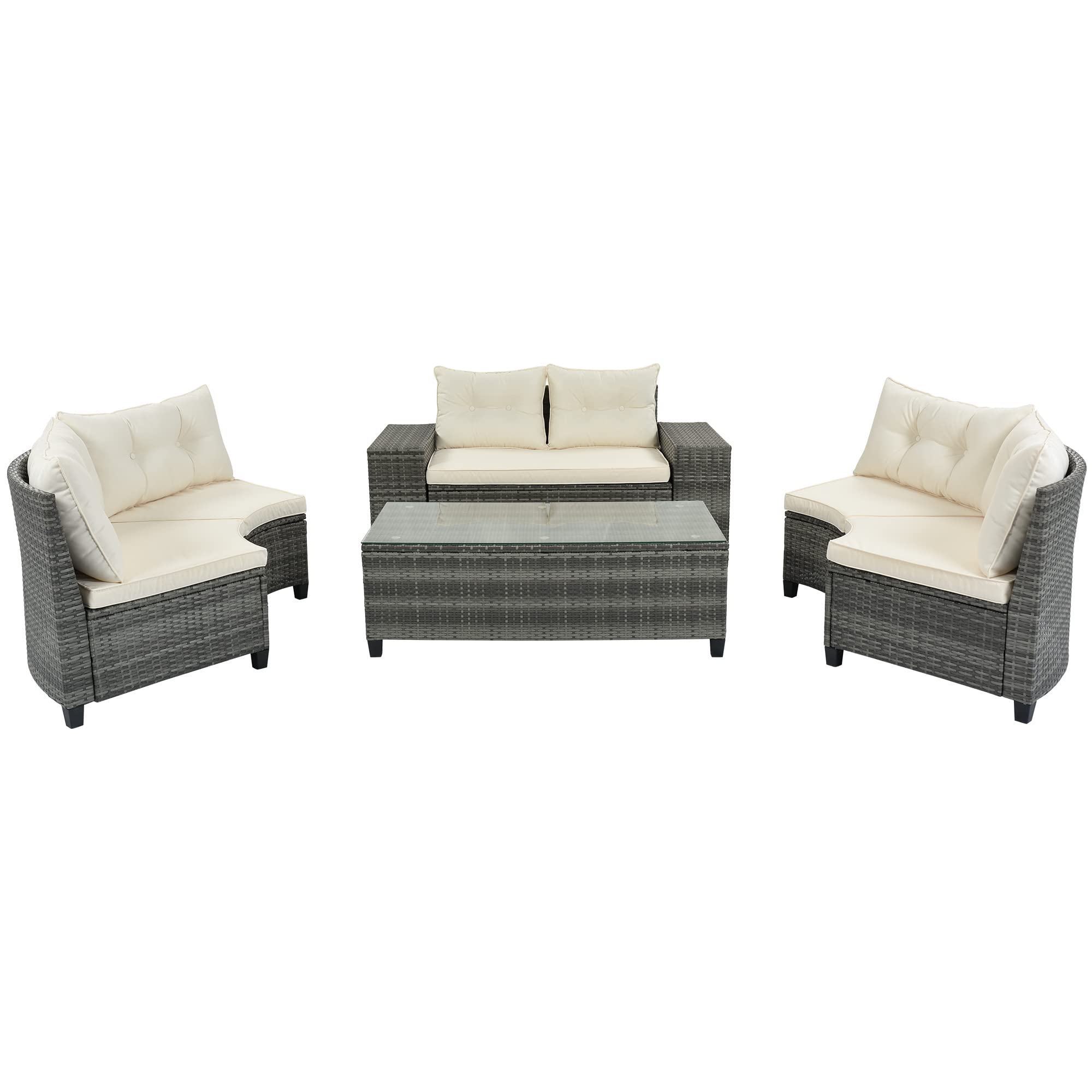 8-Piece Outdoor Wicker Round Sofa Set with Coffee Table - All-Weather PE Rattan Patio Furniture, Half Moon Sectional Couch with 2 Side Tables & Cushions (Beige) - Perfect for Backyard, Garden, Poolside or Balcony Relaxation