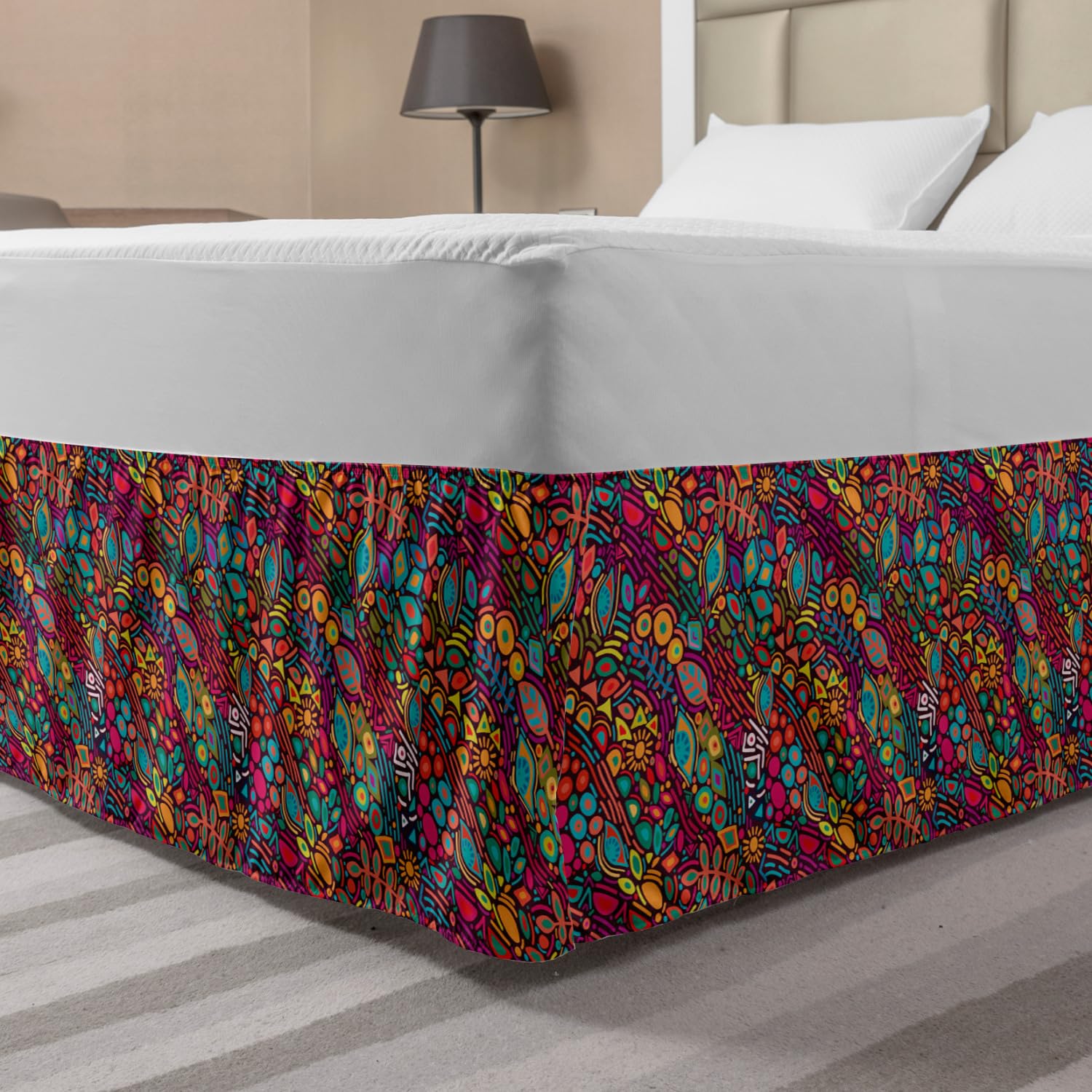 Ambesonne Elastic Bed Skirt - Vibrant Oriental Botanical & Geometric Design, Wrap Around Dust Ruffle for King Size Beds, Multicolor | Perfect for Modern Bedroom Decor & Guest Room Styling