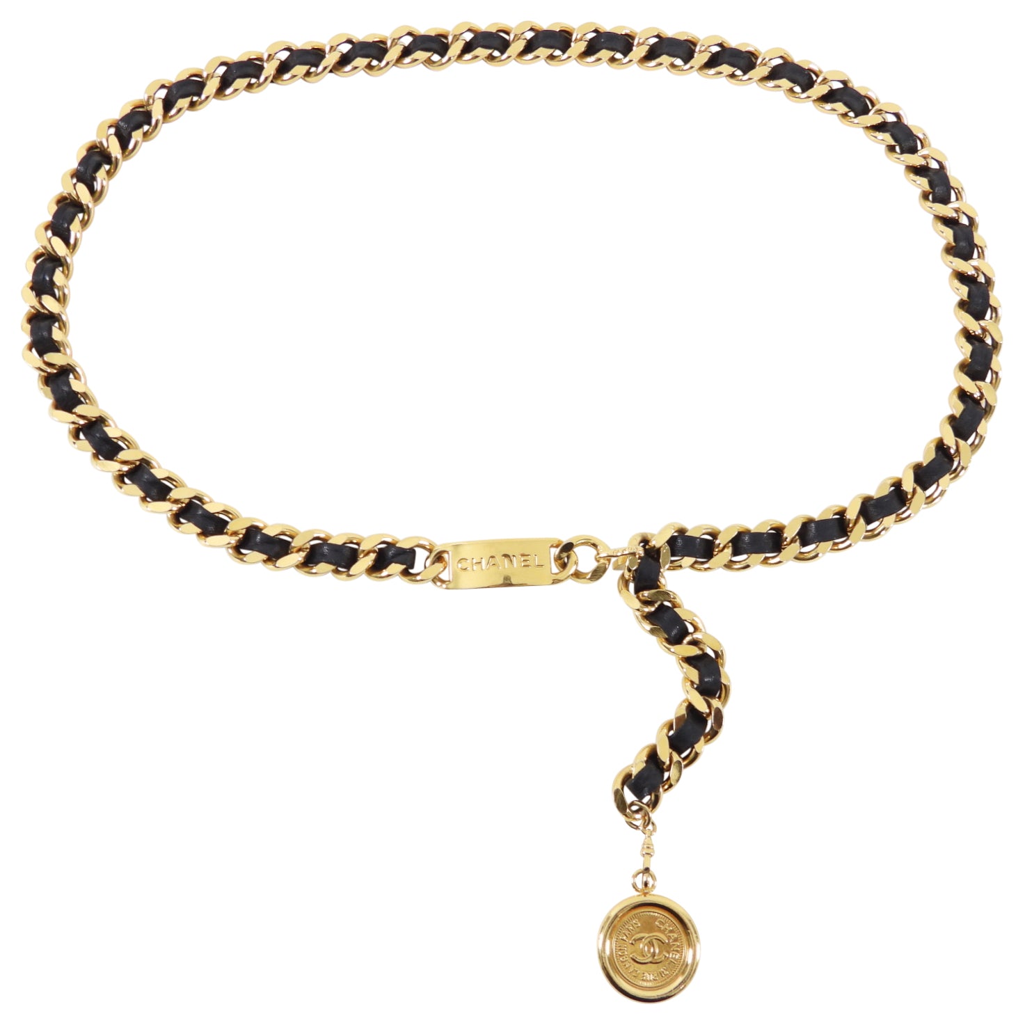 Vintage Chanel 1990's Single Braided Medallion Chain Belt - Gold Tone Classic Designer Waist Belt for Women | Perfect for Retro Outfits, Evening Wear & Fashion Accessories