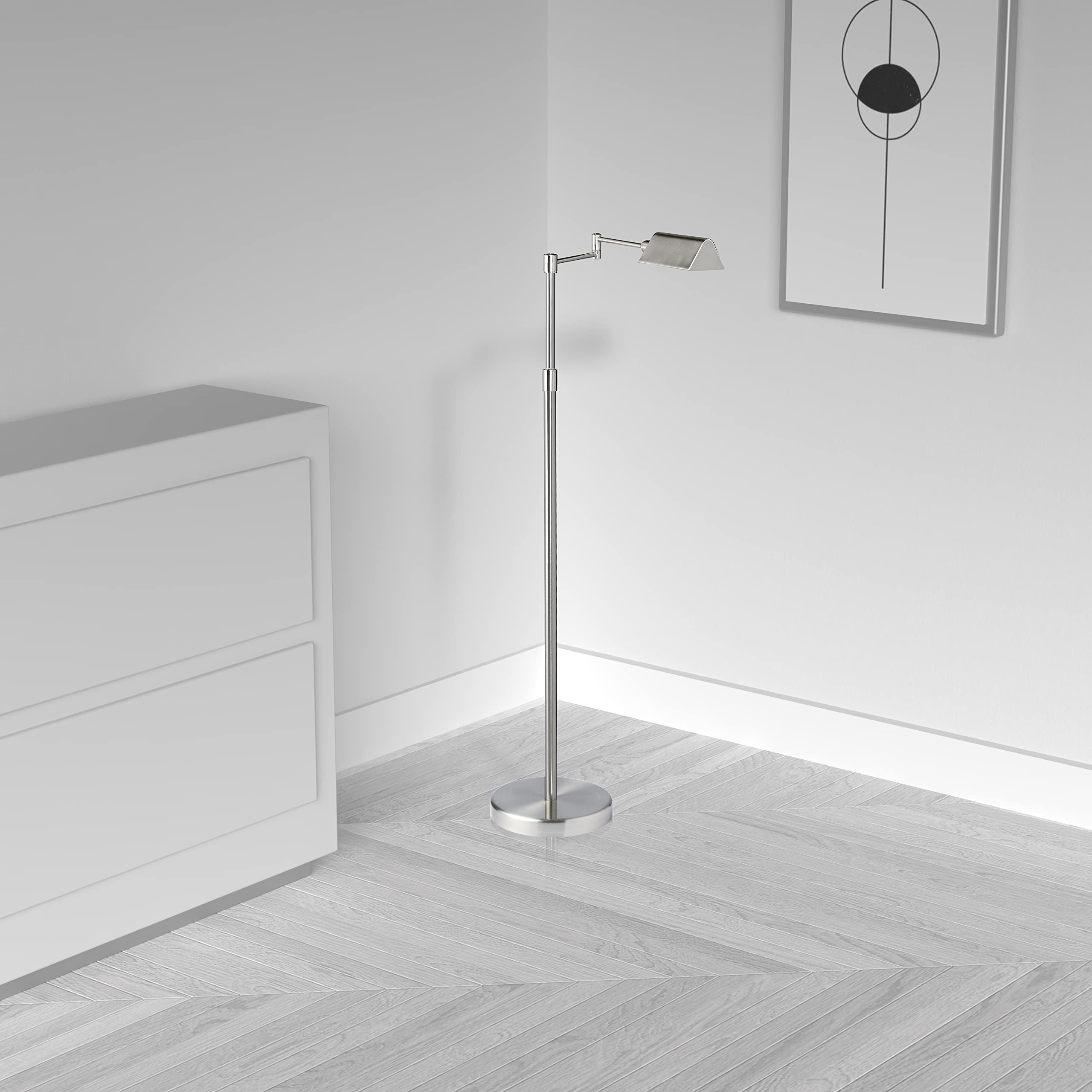 Dainolite 9W Swing Arm Floor Lamp - 50 Inch Adjustable Dimmable LED Standing Light in Satin Nickel Finish for Home, Bedroom, Living Room & Office - Perfect for Reading, Task Lighting & Ambient Illumination - Modern Decor & Workspace Lighting Solution