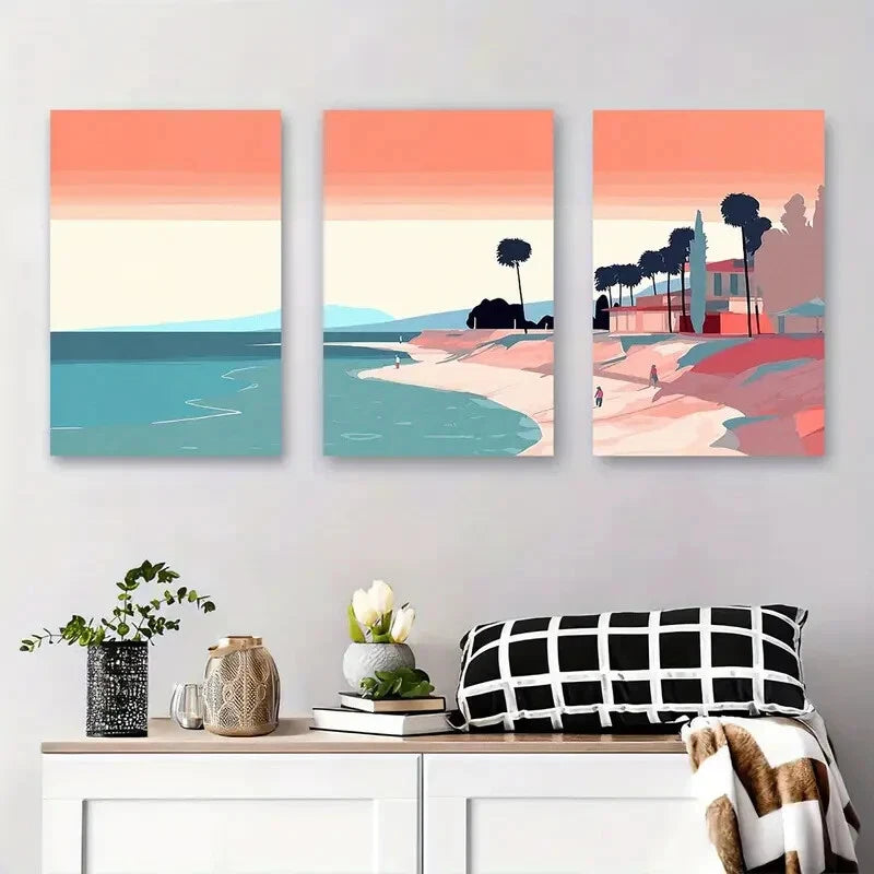 3-Piece Abstract Coastal Landscape Metal Wall Art with Vibrant Sky - Ready to Hang Home Decor for Living Room, Bedroom & Office