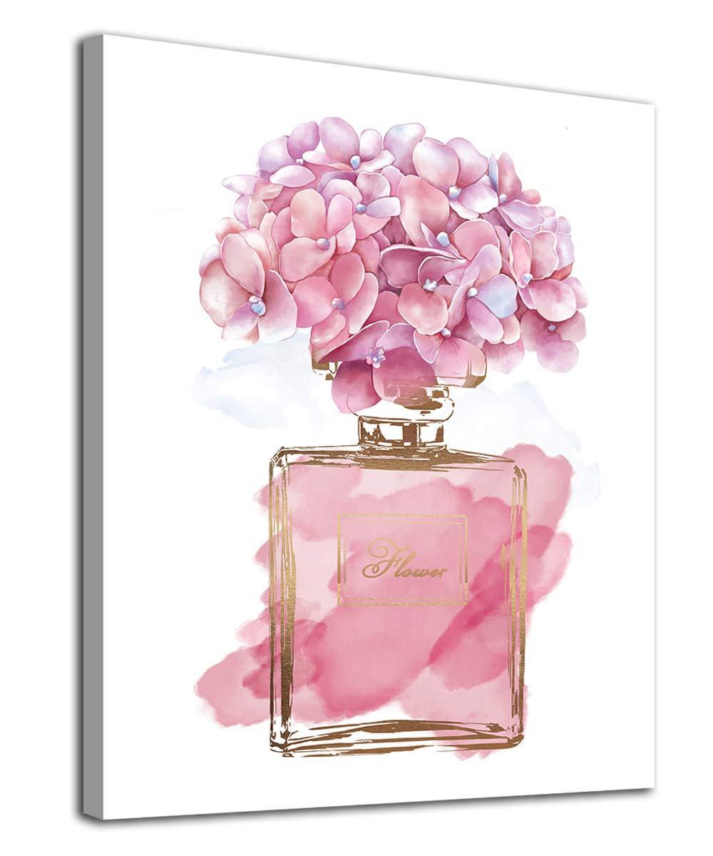 Pink Hydrangea Watercolor Wall Art - 12x16 Inch Framed Canvas Print for Girls Bedroom, Living Room & Bathroom Decor | Ready to Hang Floral Painting, Botanical Perfume Bottle Design | Perfect Gift for Housewarming, Birthday & Wedding