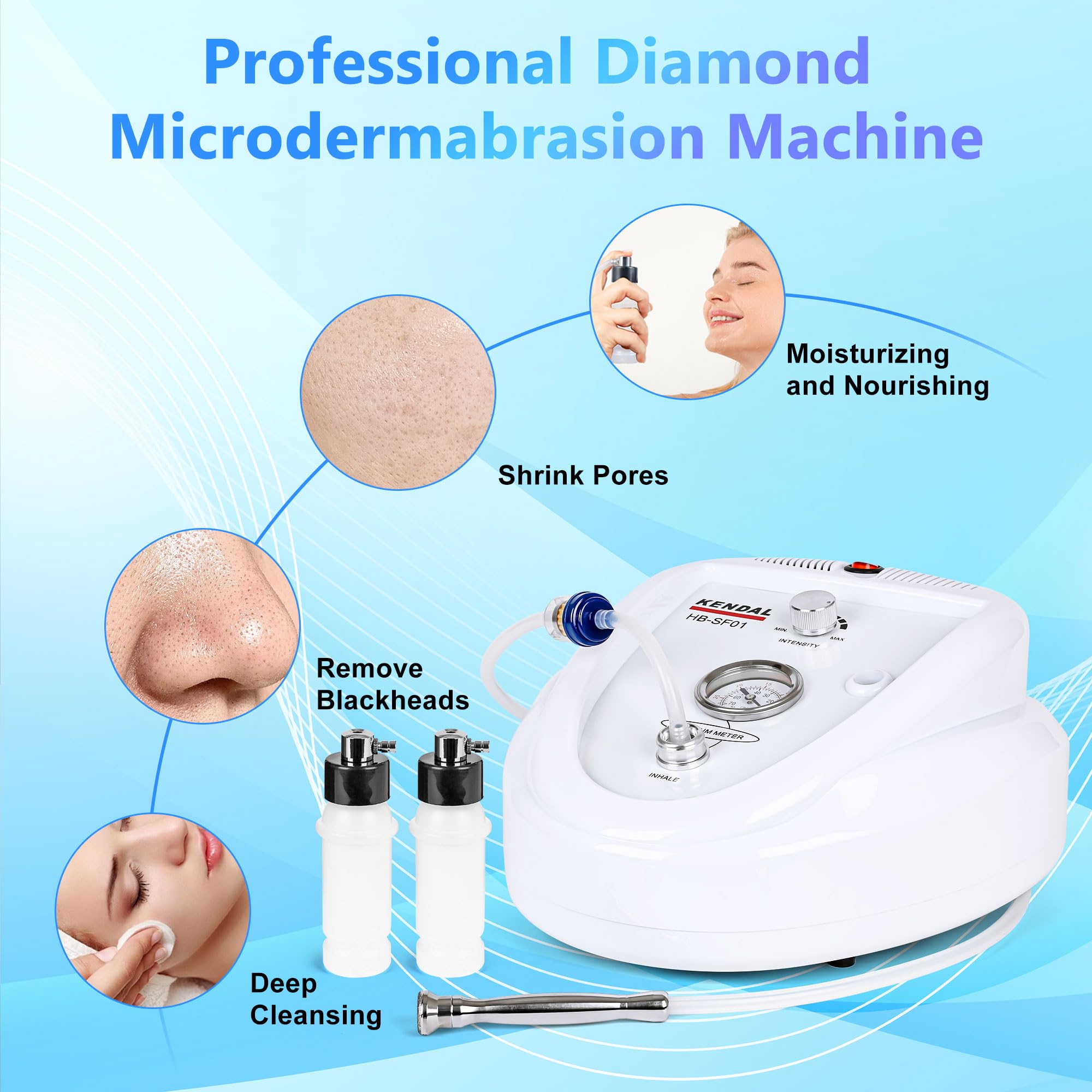 Professional Diamond Microdermabrasion Machine for Face - Kendal Dermabrasion Device with Vacuum Blackhead Removal & Hydrating Spray - Esthetician Supplies & Home Skin Care - Perfect for Acne Treatment, Anti-Aging & Glowing Skin