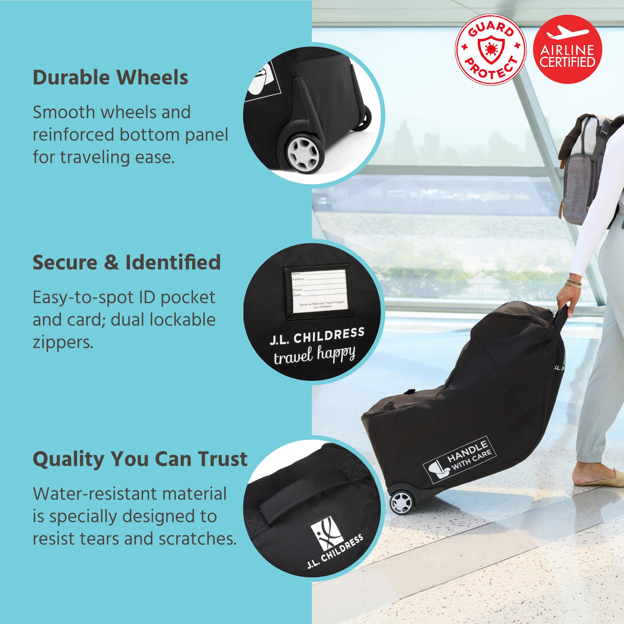 J.L. Childress Premium Infant Car Seat Travel Bag with Thick Padding & Backpack Straps - Universal Fit for UppaBaby, Nuna, Chicco & Most Car Seat Bases - Airplane Travel Approved with AirTag Holder - Perfect for Family Vacations & Air Travel with Baby