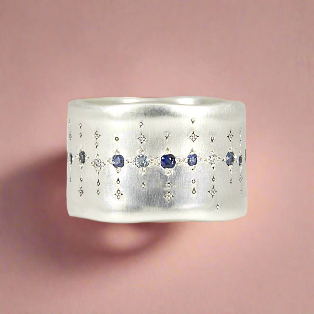 Single Organic Wide Silver Band with Multi Gemstones - Elegant Handmade Sterling Silver Ring for Women - Perfect for Weddings, Anniversaries & Special Occasions