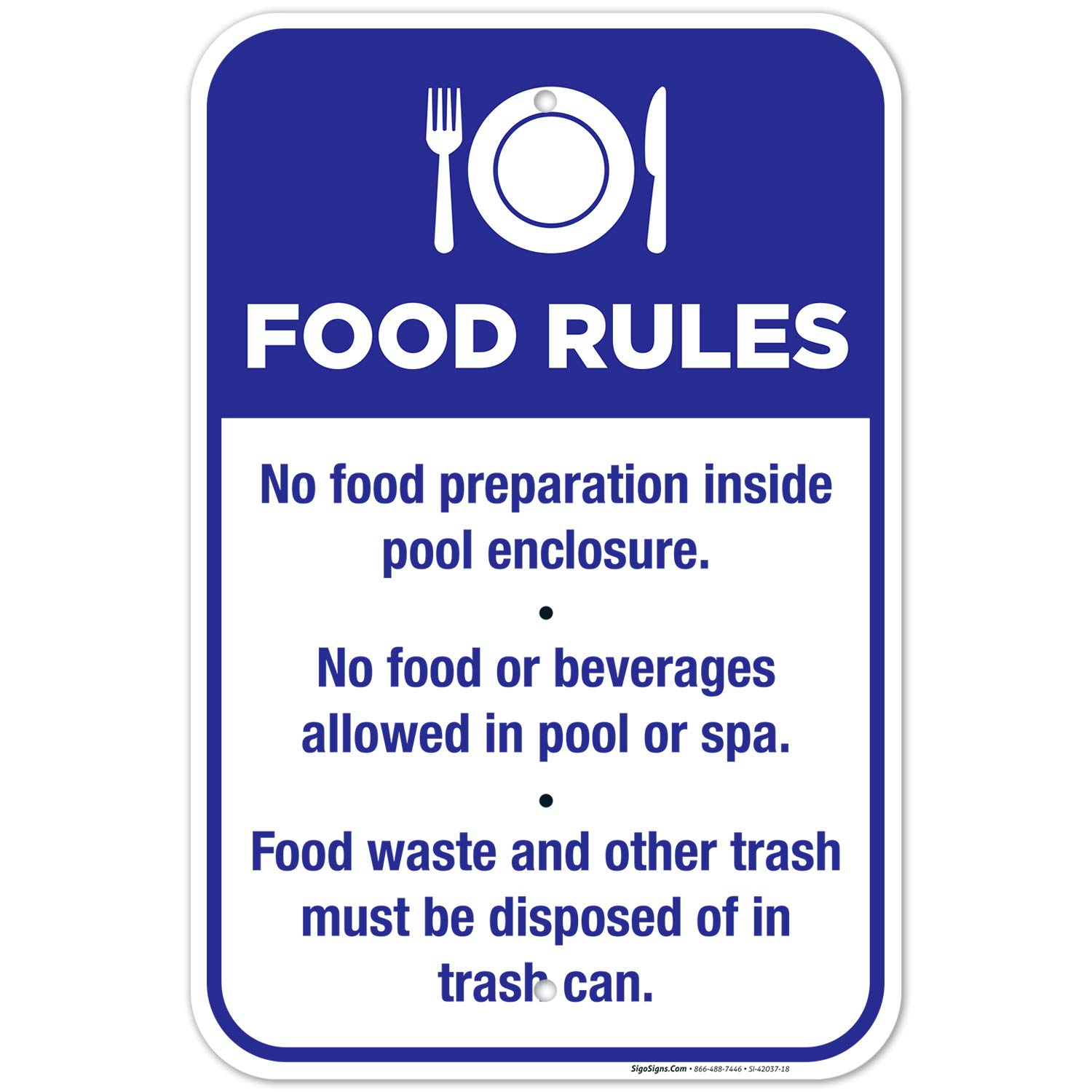 Pool Food Rules Sign - No Food Preparation Inside Pool Enclosure - 12x18 Inch Rust-Free Aluminum Sign, Fade Resistant, Made in USA - Perfect for Public Pools, Water Parks & Backyard Swimming Areas