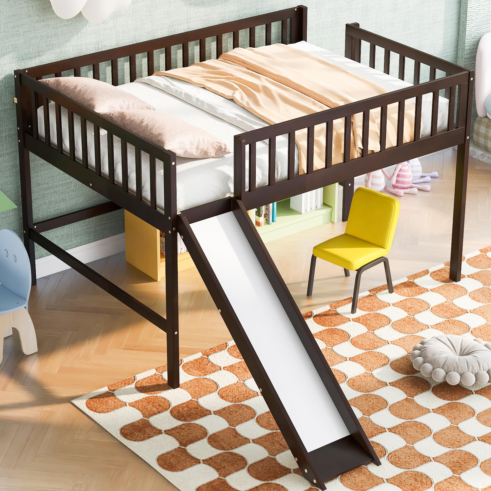 LZ LEISURE ZONE Full Size Wooden Loft Bed with Slide & Ladder - Low Profile Design, No Box Spring Needed, Espresso Finish - Perfect for Kids' Bedrooms, Dorm Rooms & Small Spaces