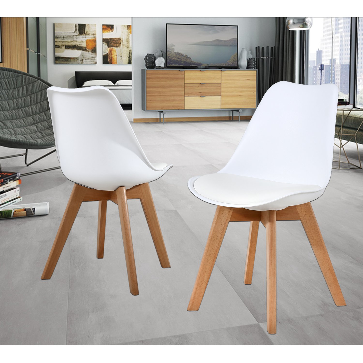 NOBPEINT Mid Century Modern Dining Chairs Set of 4 - White Upholstered Kitchen Chairs with Wooden Legs - Perfect for Dining Room, Kitchen, Breakfast Nook and Office