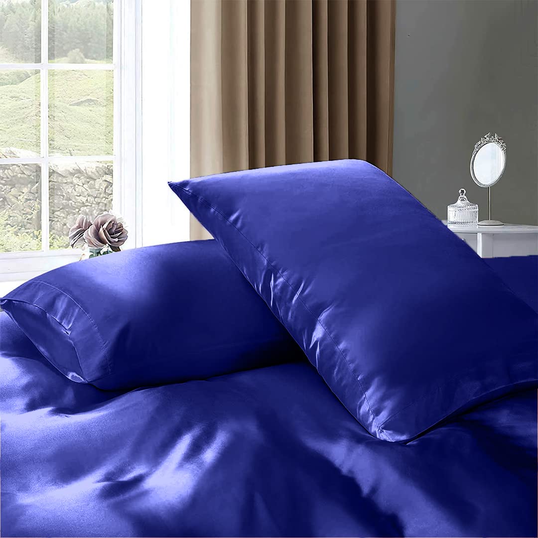 Luxury 7-Piece California King Silk Satin Sheet Set - Breathable Cooling Bedding with Deep Pockets - Wrinkle Free Hotel Quality Duvet Cover - Royal Blue Comfy Sheets for Master Bedroom & Guest Room Decor
