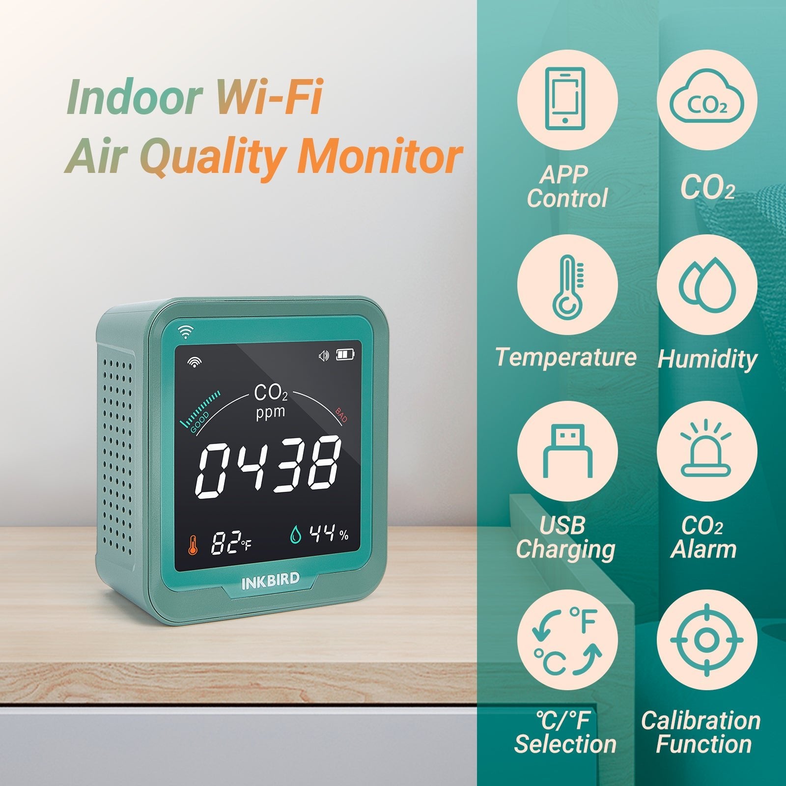 Smart Wireless 3-in-1 CO2 Detector with Temperature & Humidity Monitor - Home Air Quality Sensor for Kitchen, Bedroom, Office, Baby Room - Ink CO2W