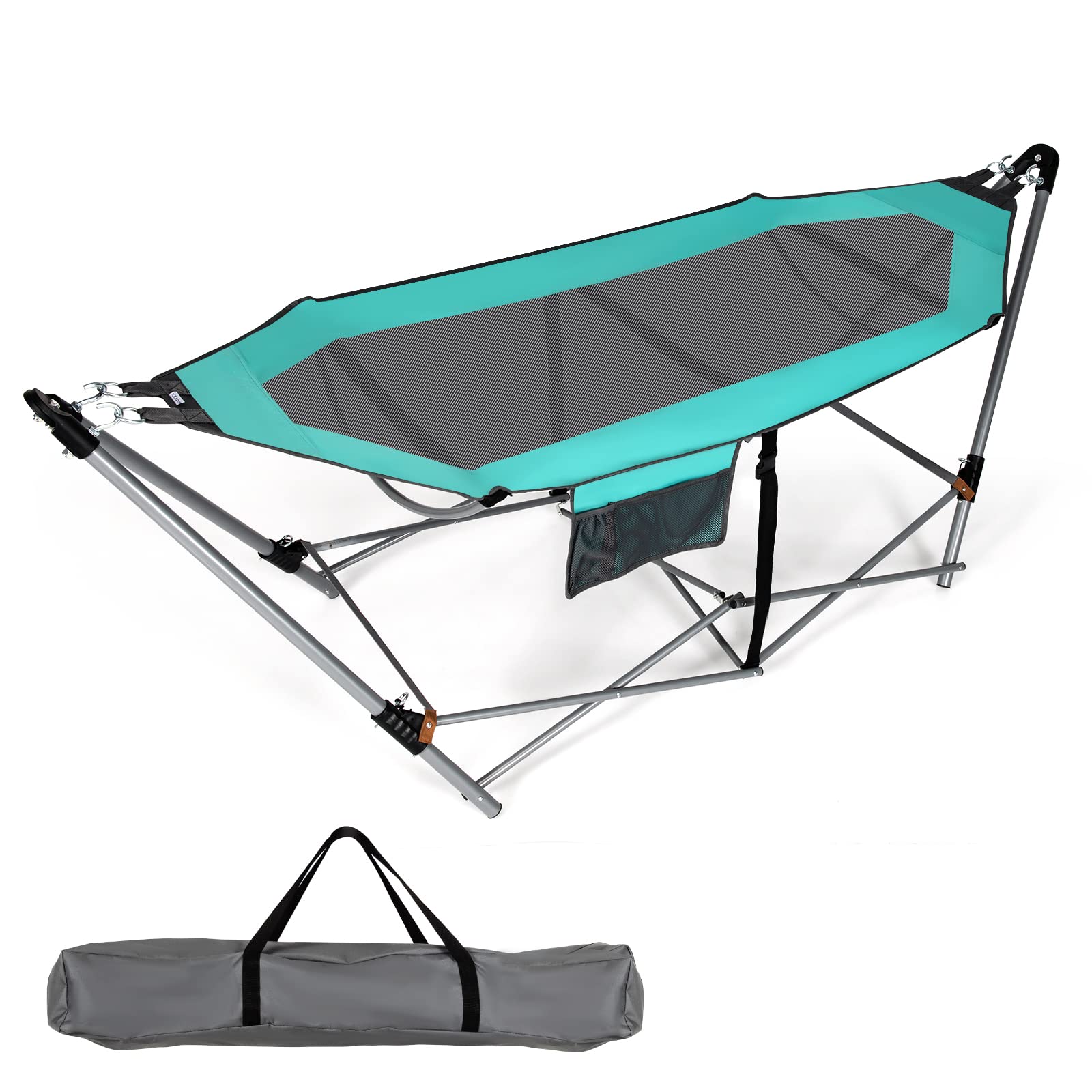 Giantex Portable Folding Hammock with Stand - Lightweight Camping Bed for Indoor & Outdoor Use, Patio, Yard, Beach - Includes Side Pocket, Anti-Tip Buckles & Sturdy Iron Frame (Turquoise Blue) - Perfect for Relaxing, Lounging, Camping Trips & Backyard Getaways