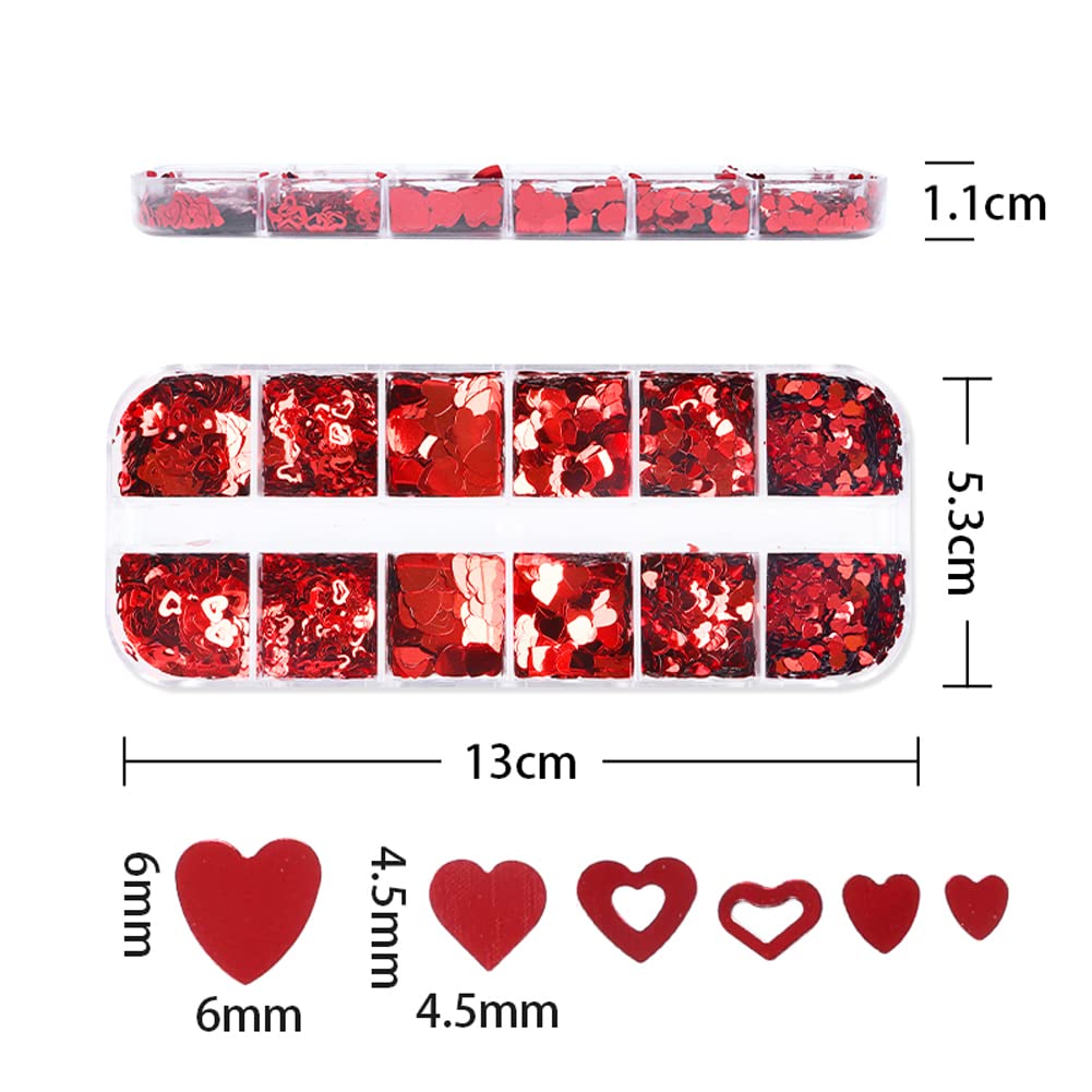 Valentine's Day Heart Nail Art Glitters - Holographic Red Heart Sequins & Flakes for Acrylic Nails - 12 Grid Manicure Decorations Kit - Perfect for Valentine's Manicures, DIY Nail Art & Party Nail Designs