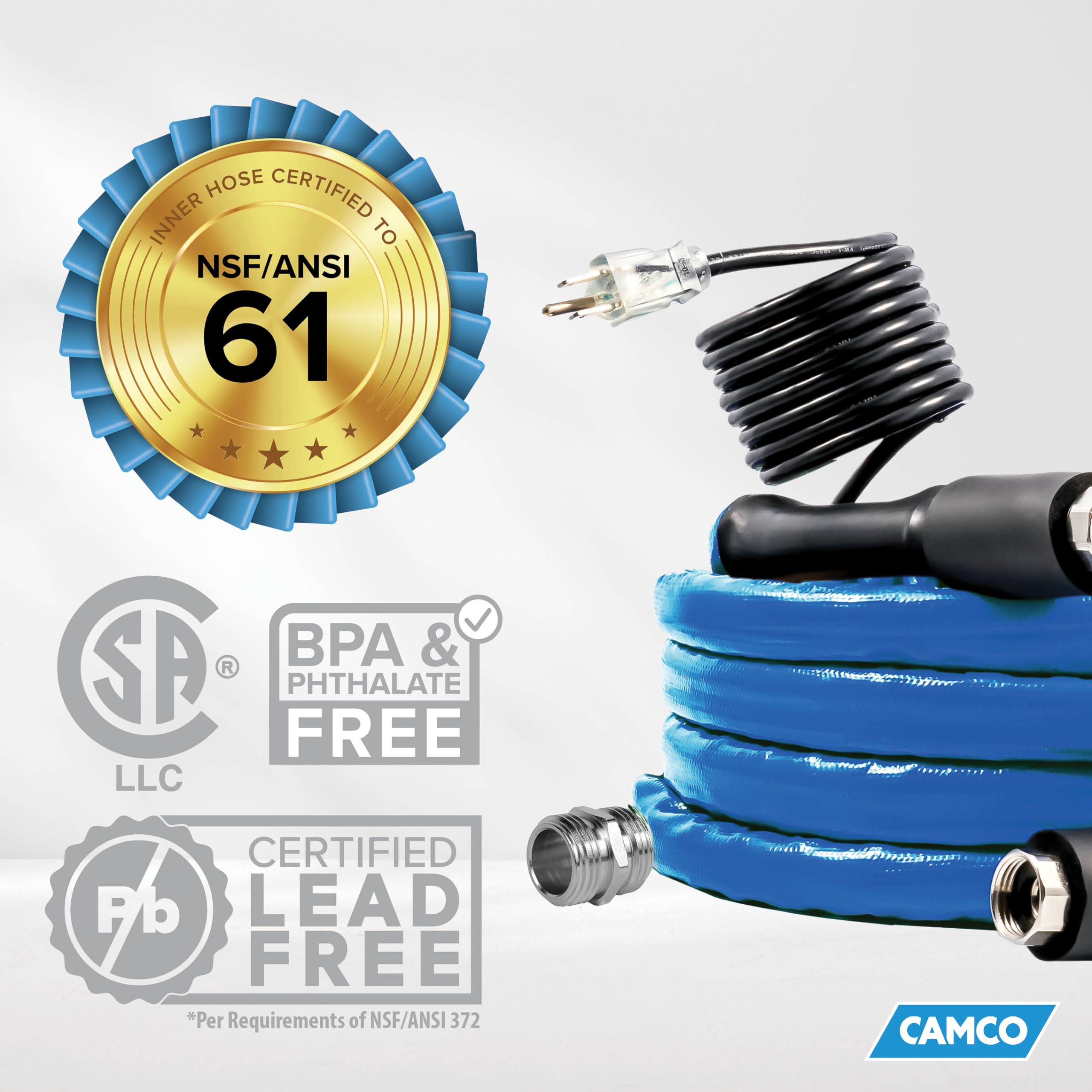 Camco 12-Foot Heated Drinking Water Hose with Freeze Protection Down to -40°F/C | Energy-Saving Thermostat | Includes Dual-End Adapters | RV, Camper & Winter Camping Essential | Safe for Drinking Water