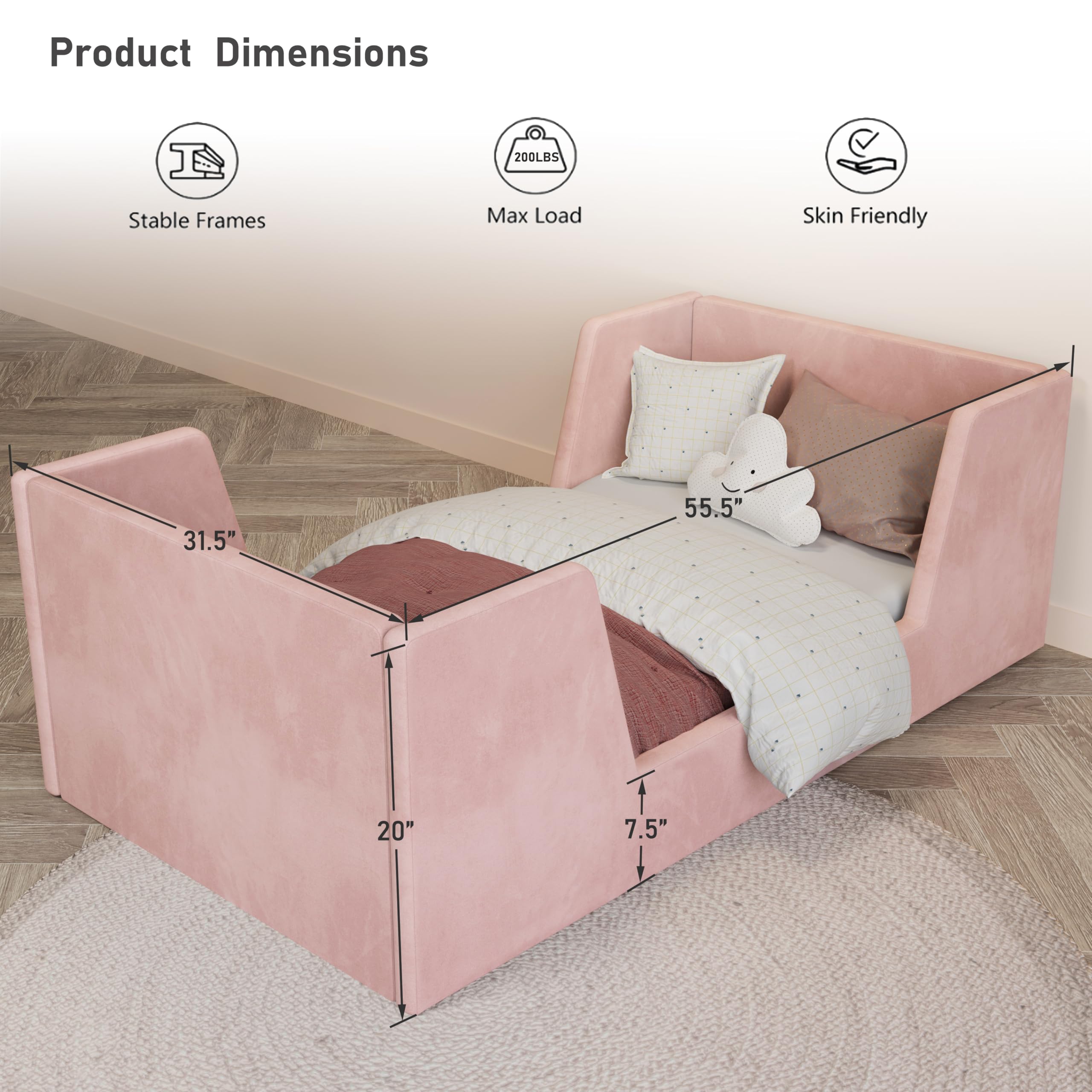 **Toddler Floor Bed with Guard Rails - Safe & Sturdy Kids Bed for Ages 2-6 Years | Standard Crib Mattress Compatible | Certified Fabric Toddler Bed for Boys & Girls | Perfect for Bedrooms, Daycare & Montessori Rooms**