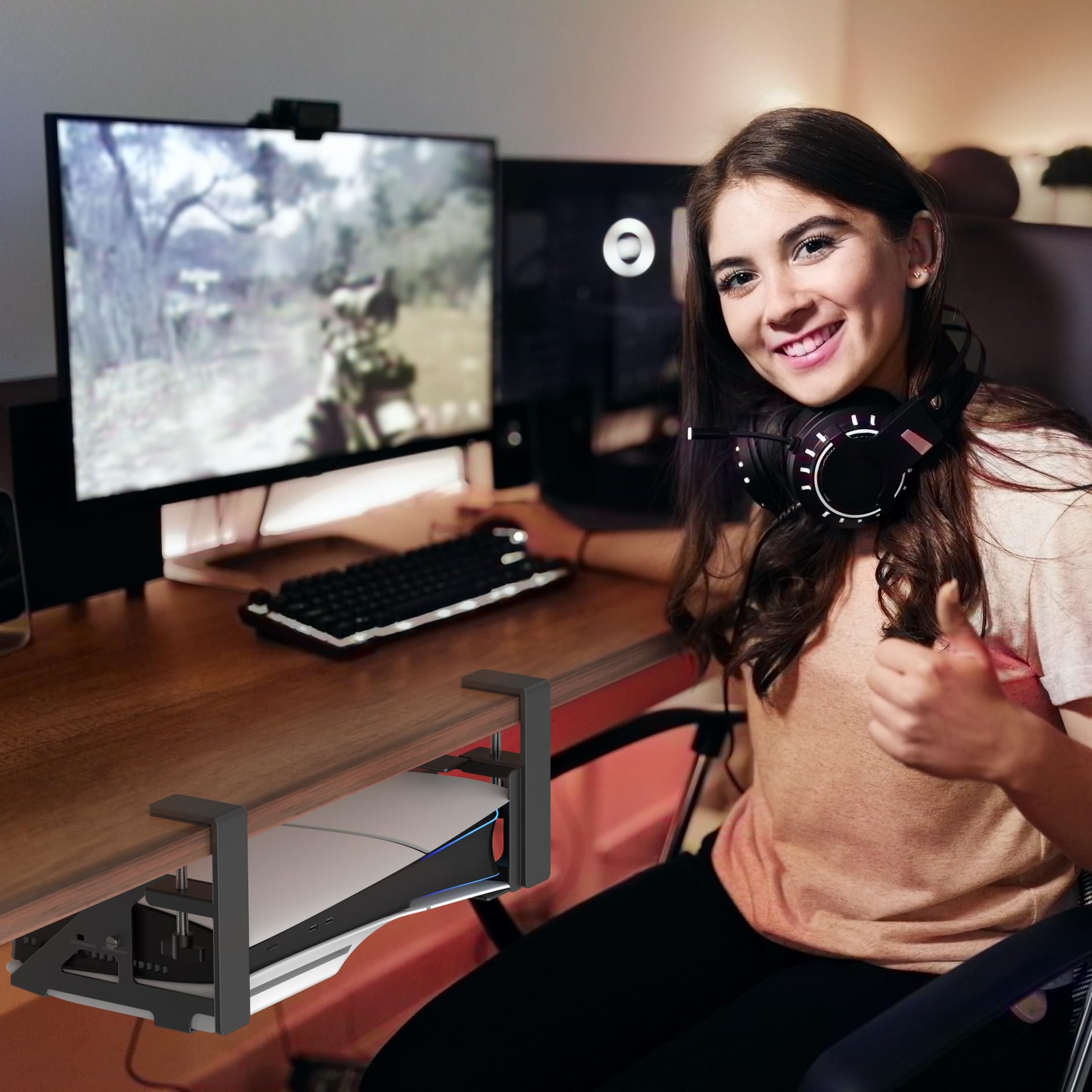 No-Drill Under Desk PS5 Mount for PS5 Slim & Digital Edition - Heavy Duty Metal Bracket with Clamp, Screws & EVA Foam - Perfect for Gaming Setups, Home Theaters & Office Spaces