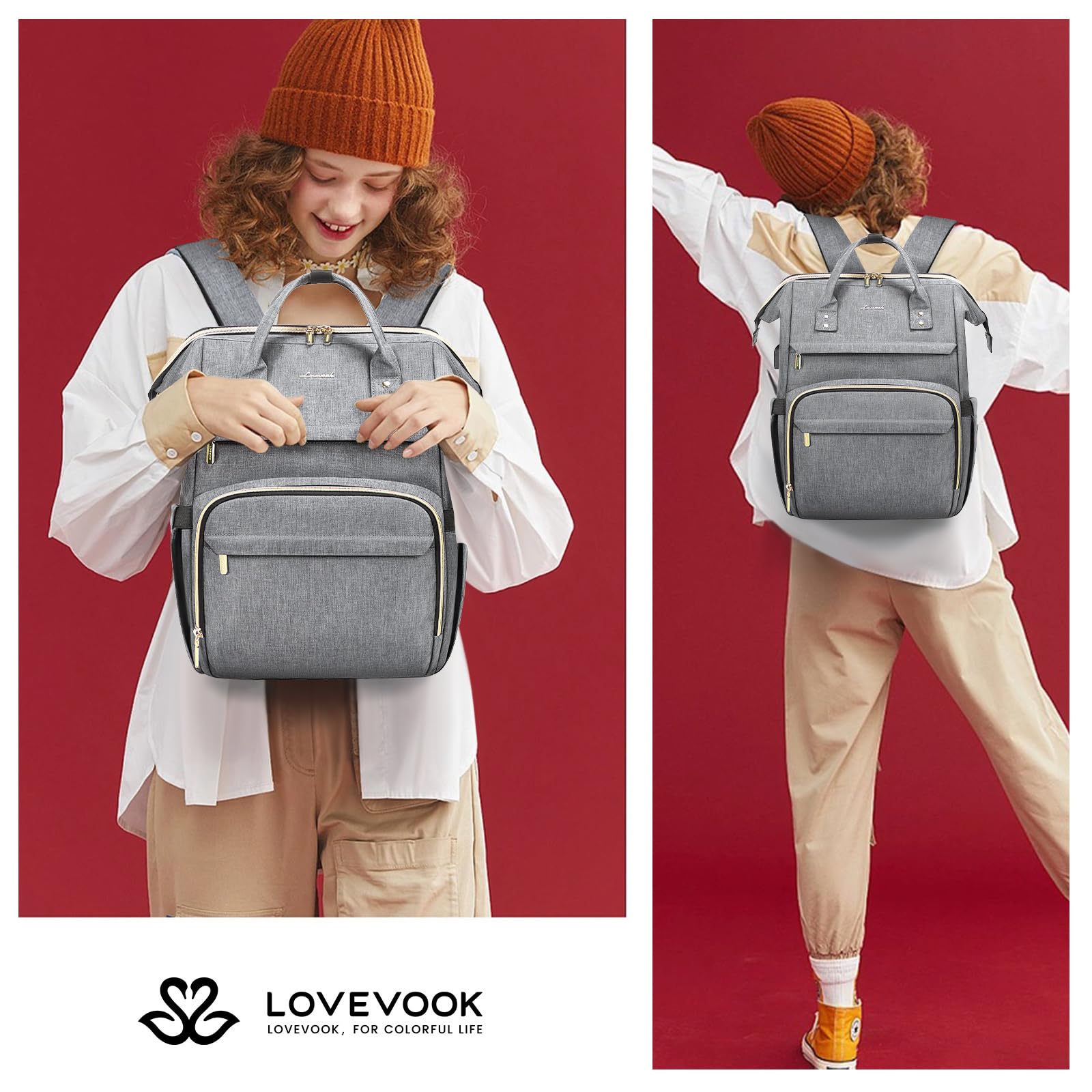 LOVEVOOK Women's 15.6 Inch Waterproof Laptop Backpack with USB Port - Professional Travel, Nurse, Teacher, College Work Bag - Grey | Perfect for Commuting, Business Trips, and Campus Life
