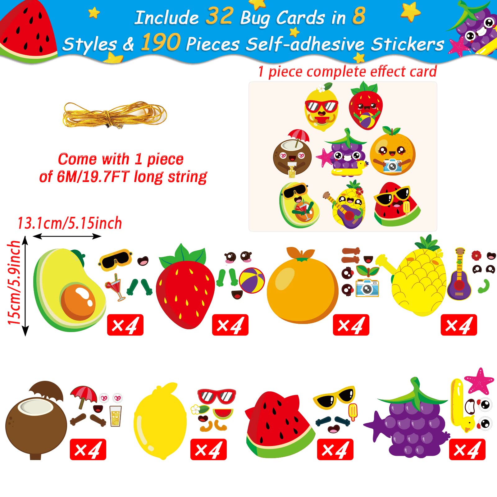 Chiazllta 32 Pack Kids Summer Fruit Craft Kit - DIY Hawaiian Fruit Sticker Art Set for Early Education, Home & Classroom Activities | Perfect for Summer Parties, Birthday Favors & Creative Play