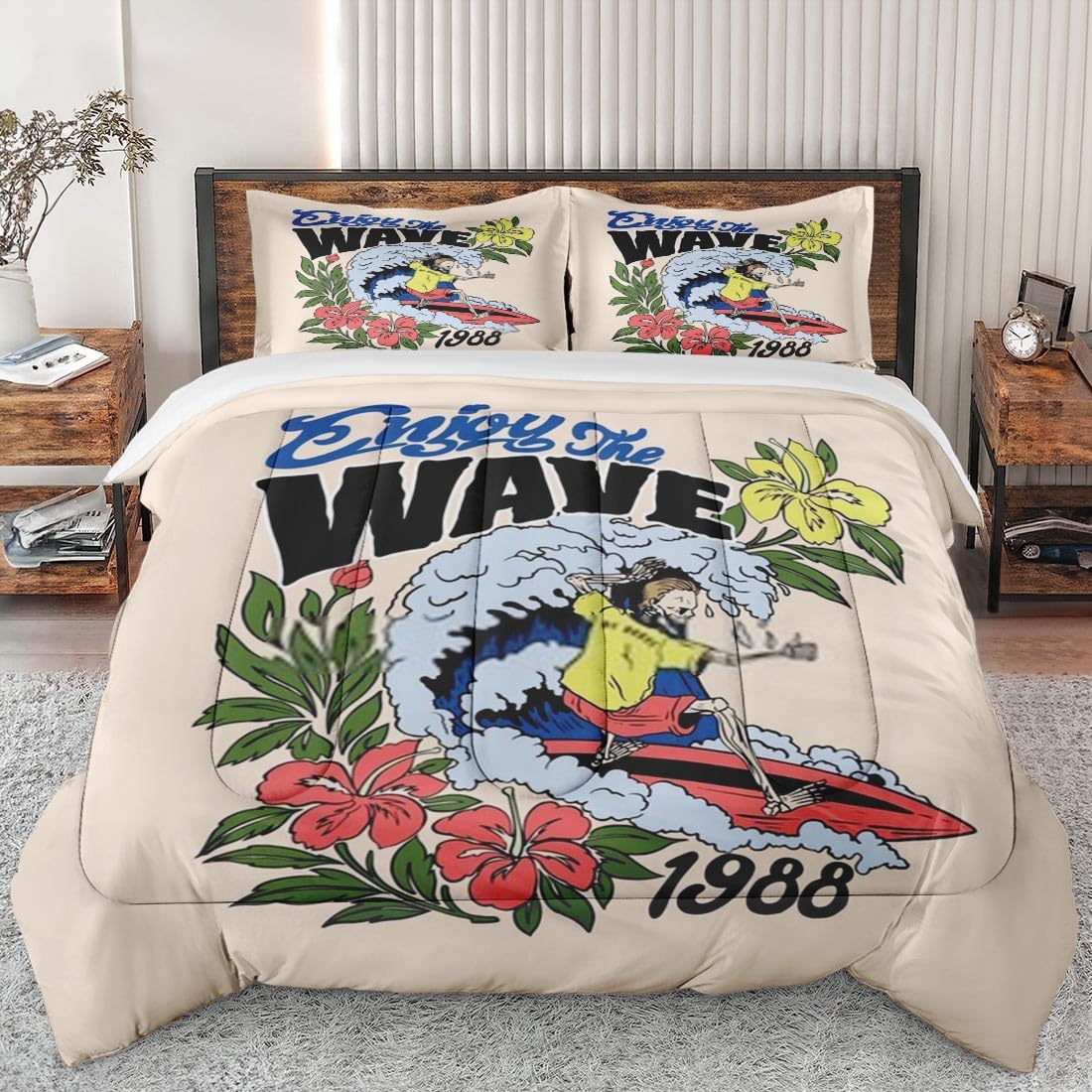 Vintage Skeleton Surf Skull King Size Comforter Set - Soft Beach Summer Theme Bedding with 2 Pillowcases for Adults & Kids | Perfect for Coastal Bedroom Decor, Dorm Room, or Summer Vacation Home