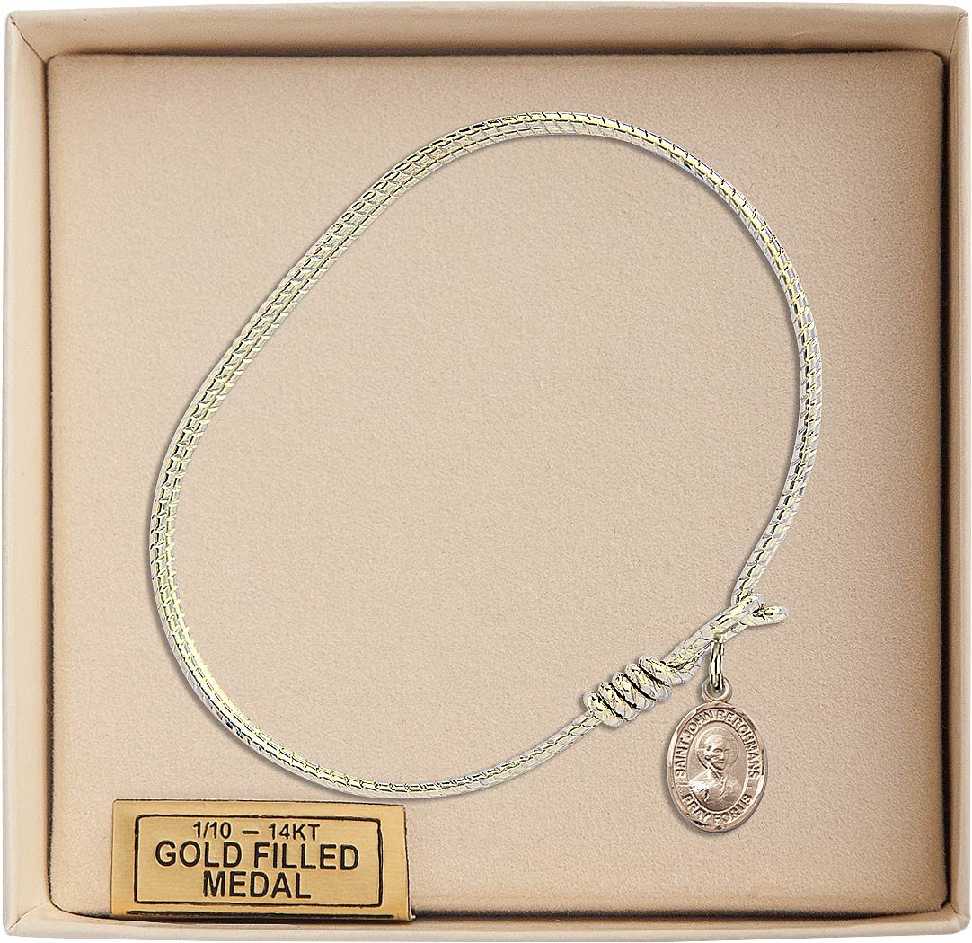 Gold-Filled Oval Eye Hook Bangle Bracelet with St. John Berchmans Charm - Elegant Religious Jewelry for Women, Perfect for Church, Weddings & Everyday Wear