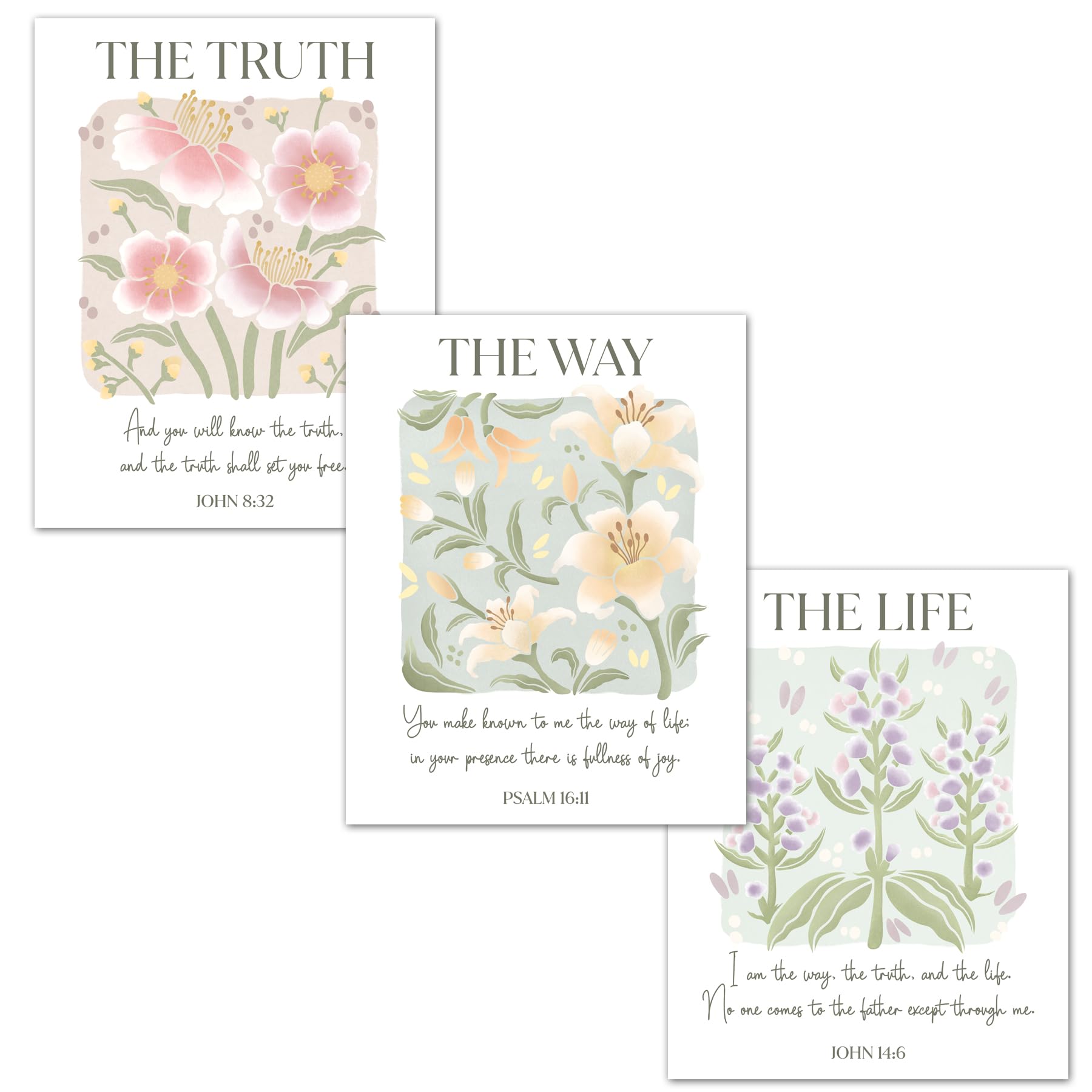 HoneyKICK Christian Wall Art Set of 3 Posters - The Way, Truth, Life Scripture Prints, 11x14 Inches Unframed Bible Verse Decor for Home, Church & Office - Inspirational Christian Gifts & Décor on Premium Cardstock Paper