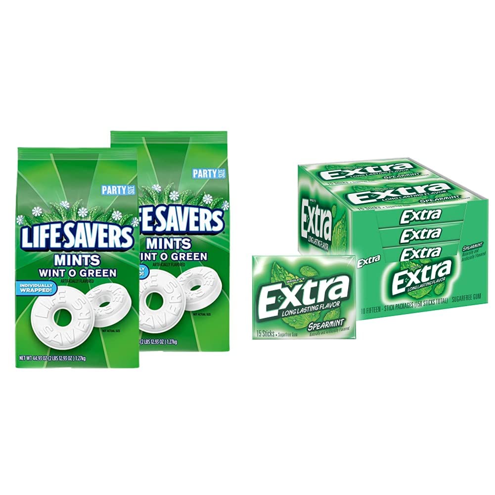 LIFE SAVERS Wint-O-Green & Spearmint Sugarfree Chewing Gum Combo - 44.93 oz Bulk Hard Candy (Pack of 2) + 15 Piece Sugarfree Gum (Pack of 10) - Perfect for Parties, Office Snacks & Fresh Breath On-The-Go