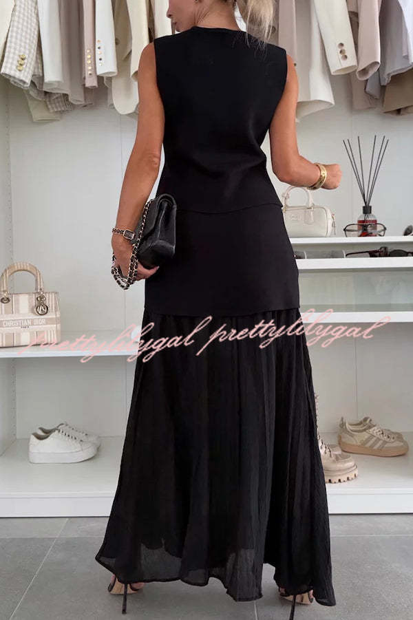 Elegant Knit & Tulle Elastic Waist Pleated Maxi Skirt for Women - Boho Chic Flowy Long Skirt for Summer, Beach, Parties & Special Occasions