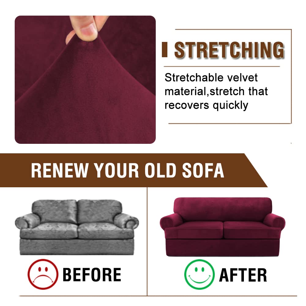 Velvet T-Cushion Sofa Slipcover 3-Piece Set - Soft Stretchable Couch Cover for Loveseat XL with 2 Individual T-Cushion Seat Covers - Burgundy Furniture Protector for Living Room, Apartment & Home Decor