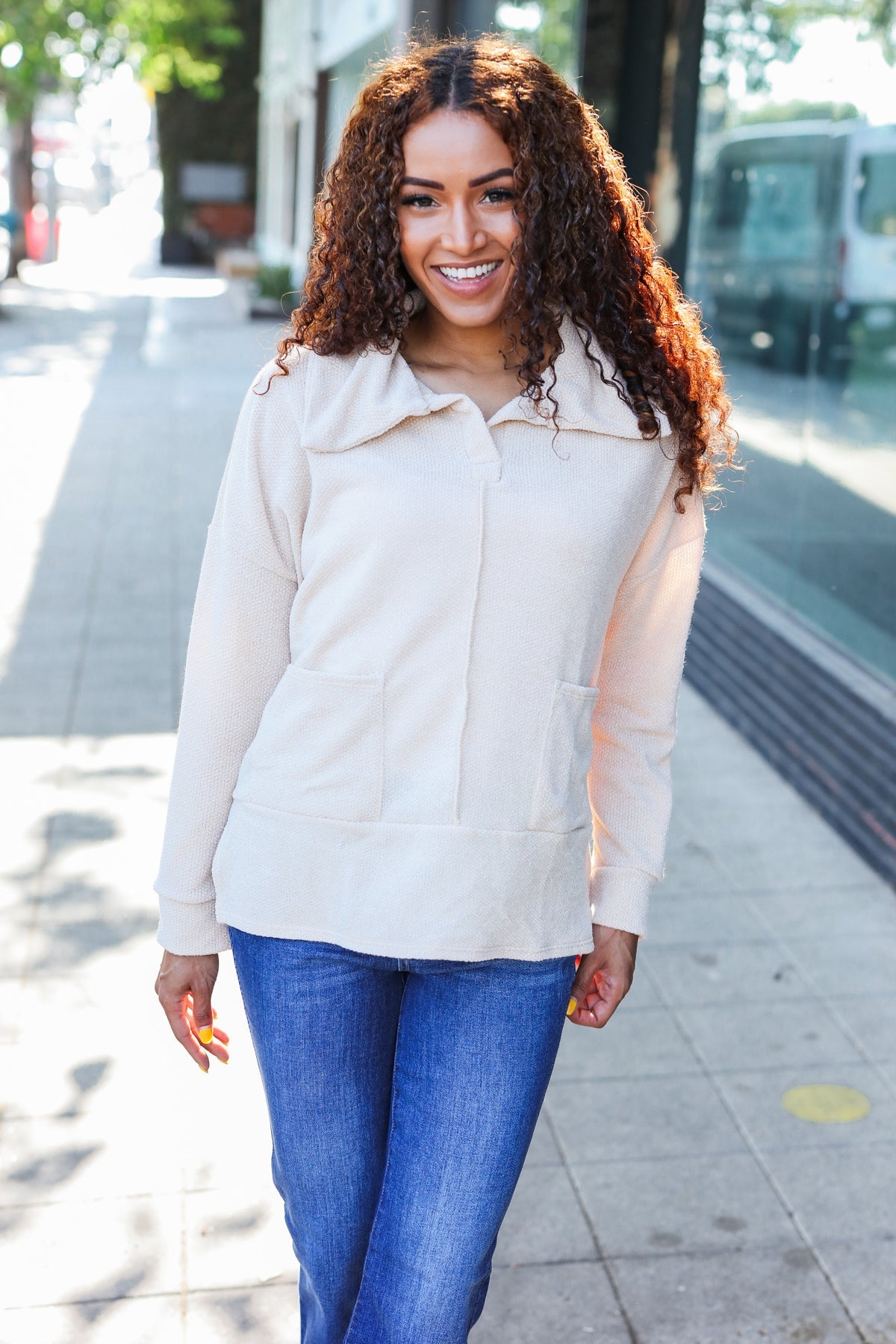 Easy Living Oatmeal Textured Knit Notch Neck Oversized Collar Sweater - Cozy Oversized Women's Knitwear for Fall & Winter | Perfect for Casual Outfits, Coffee Dates and Weekend Relaxation