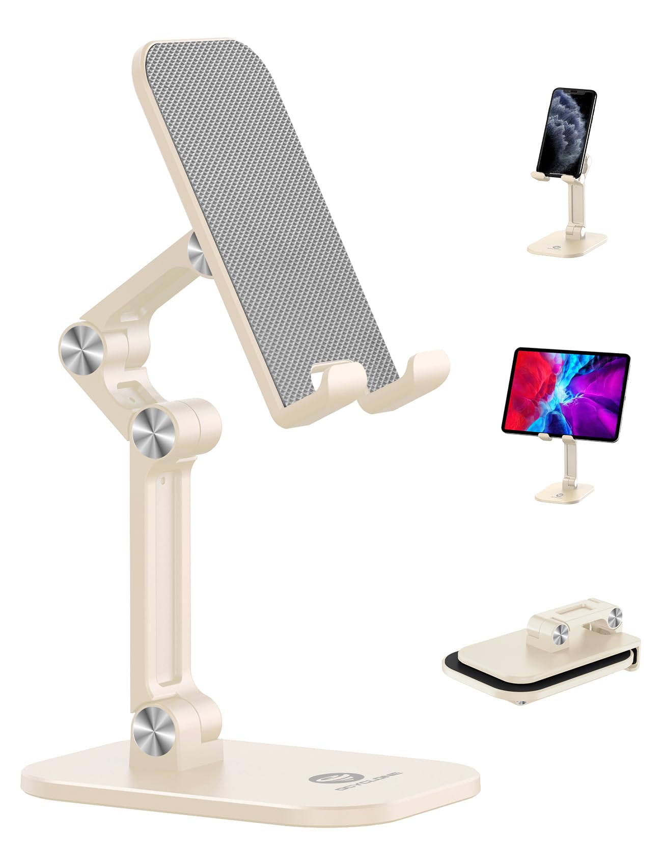 Adjustable Phone Stand for Desk - OCYCLONE Foldable Cell Phone Holder with Height & Angle Adjustment, Compatible with iPhone, iPad, Tablets 4-11 Inches (Beige) - Perfect for Home Office, Video Calls & Hands-Free Viewing