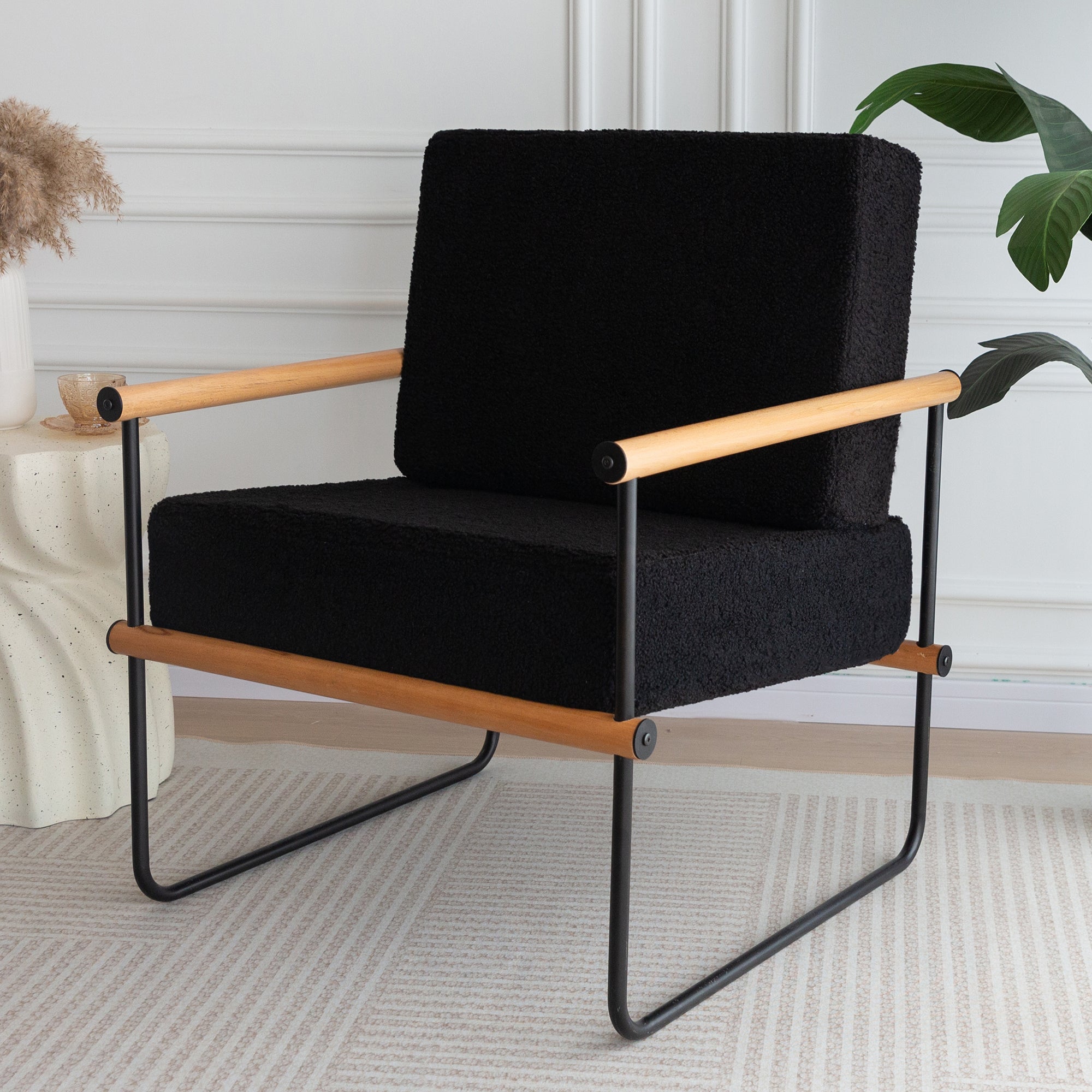 MAXYOYO Black Framed Upholstered Armchair - Modern Metal & Wood Accent Chair with Thick Cushioning | Perfect for Living Room, Bedroom or Office Decor