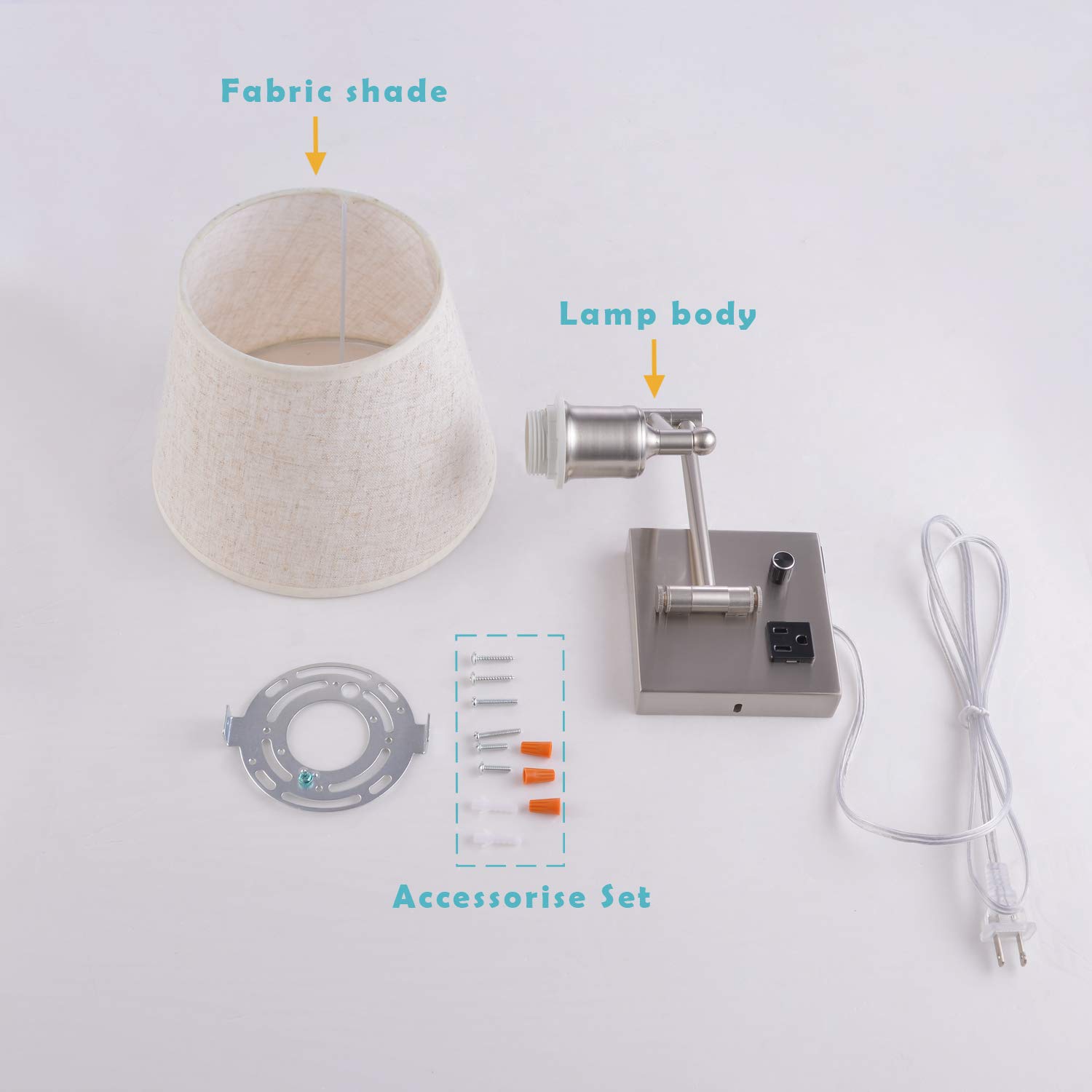 Dimmable Swing Arm Wall Sconce Light with USB Port & Outlet - Adjustable Fabric Shade Bedside Lamp in Satin Nickel for Bedroom, Living Room & Hotel - Perfect for Reading, Nightstand Lighting & Modern Home Decor