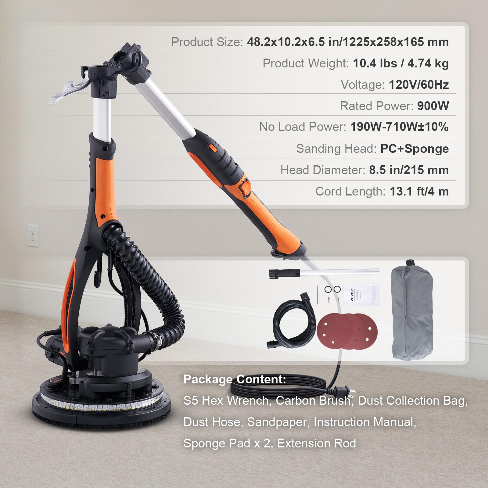 VEVOR 900W Electric Drywall Sander with 12 Sanding Discs, Variable Speed 800-1800 RPM, 3 Suction Ducts & Dust Bag - Foldable Ceiling Sander with Extendable Handle & 2 LED Lights for Wall and Ceiling Sanding - Perfect for Home Renovation, DIY Projects, and Professional Construction Work