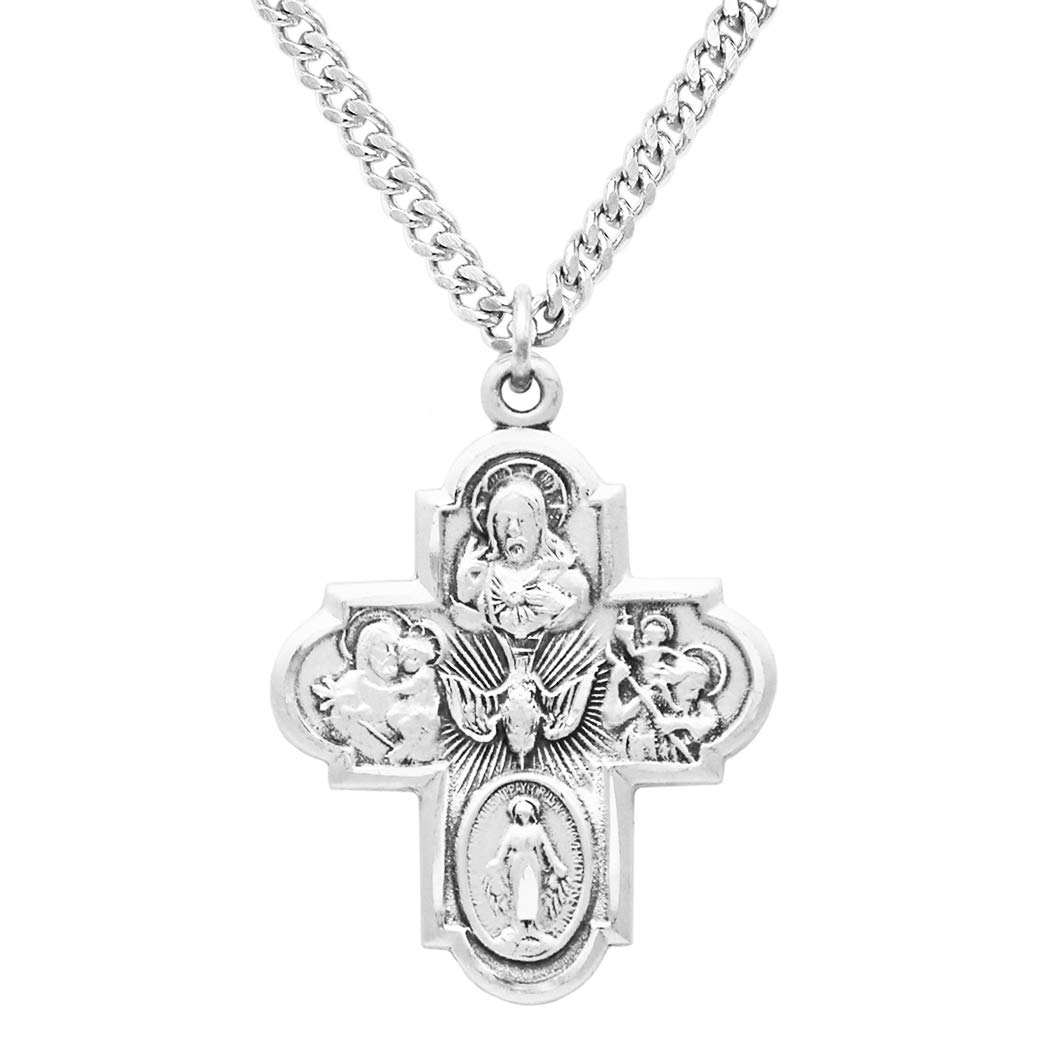 Rosemarie's Sterling Silver Traditional Catholic Four Way Cross Medal Pendant Necklace - 24 Inch Chain - Religious Gift for Baptism, First Communion & Confirmation - Perfect for Daily Wear & Special Occasions