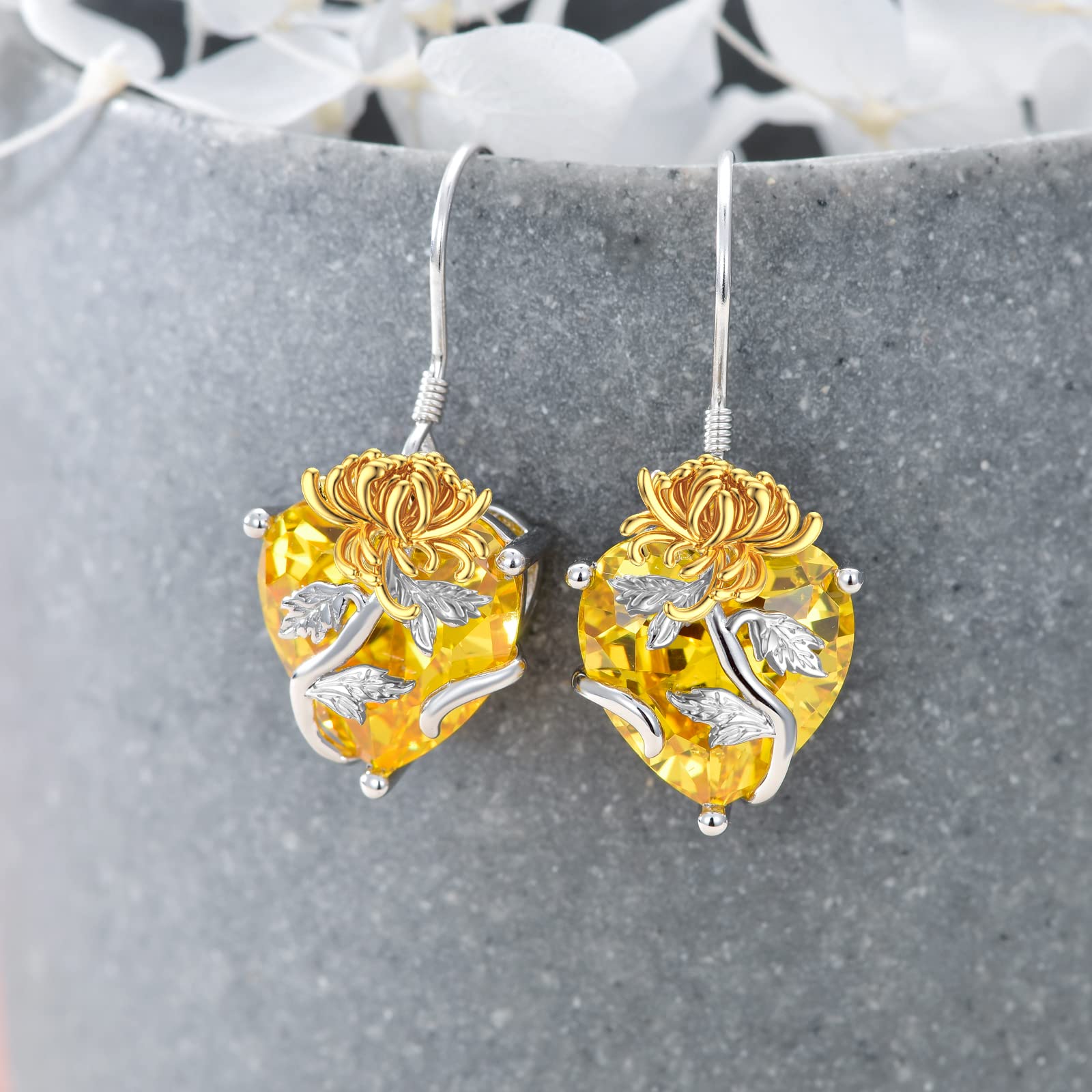 TOUPOP Sterling Silver Birth Month Flower Drop Earrings for Women - Crystal Dangle Heart Earrings, Birthday Jewelry Gifts for Girls & Women | Perfect for Valentine's Day, Mother's Day & Special Occasions