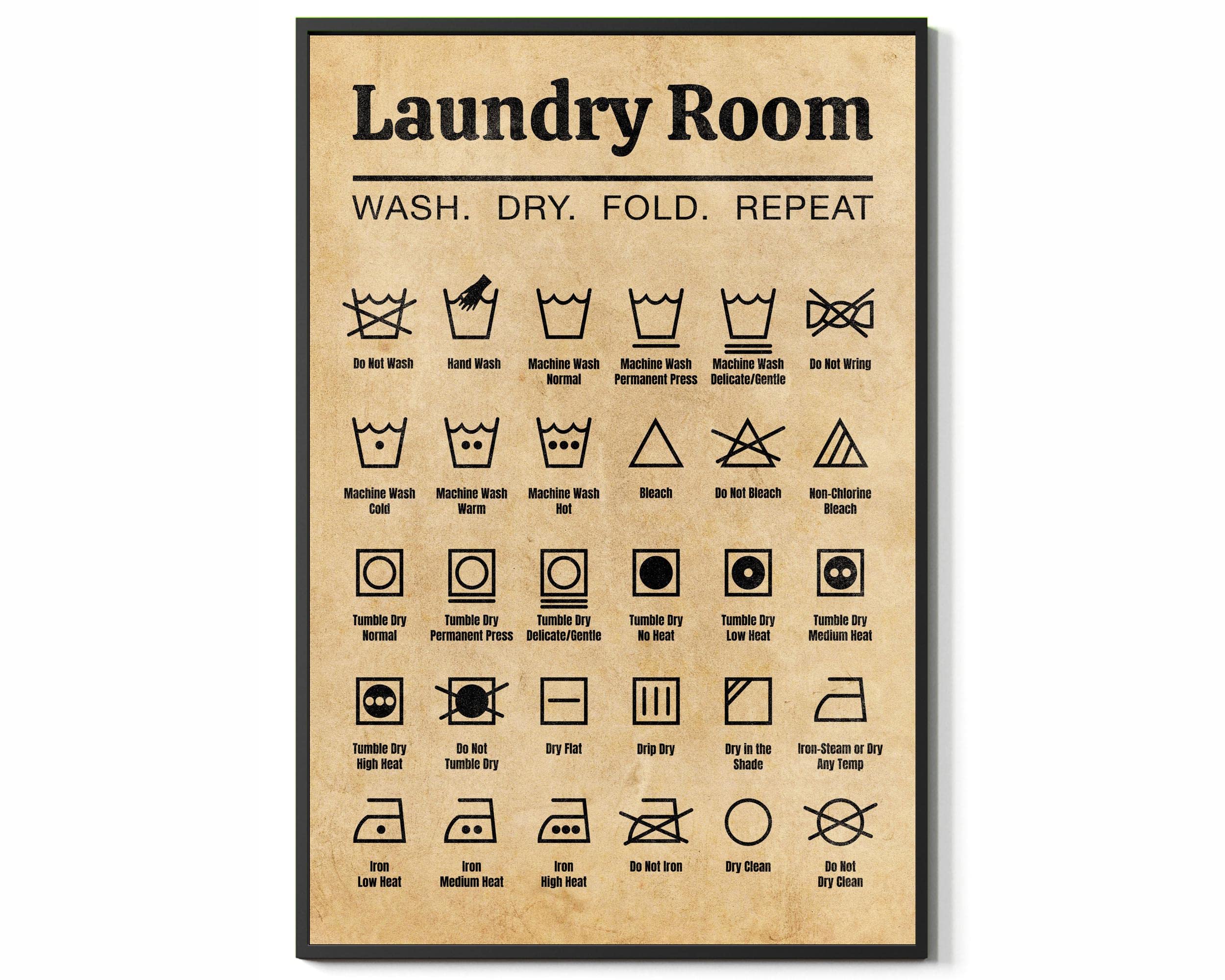 Vintage Laundry Room Symbols Guide Poster - Retro Wash Dry Fold Repeat Wall Art for Home Decor, Living Room, Bedroom & Office - Perfect for Laundry Room Rules & Aesthetic Decor - UNFRAMED