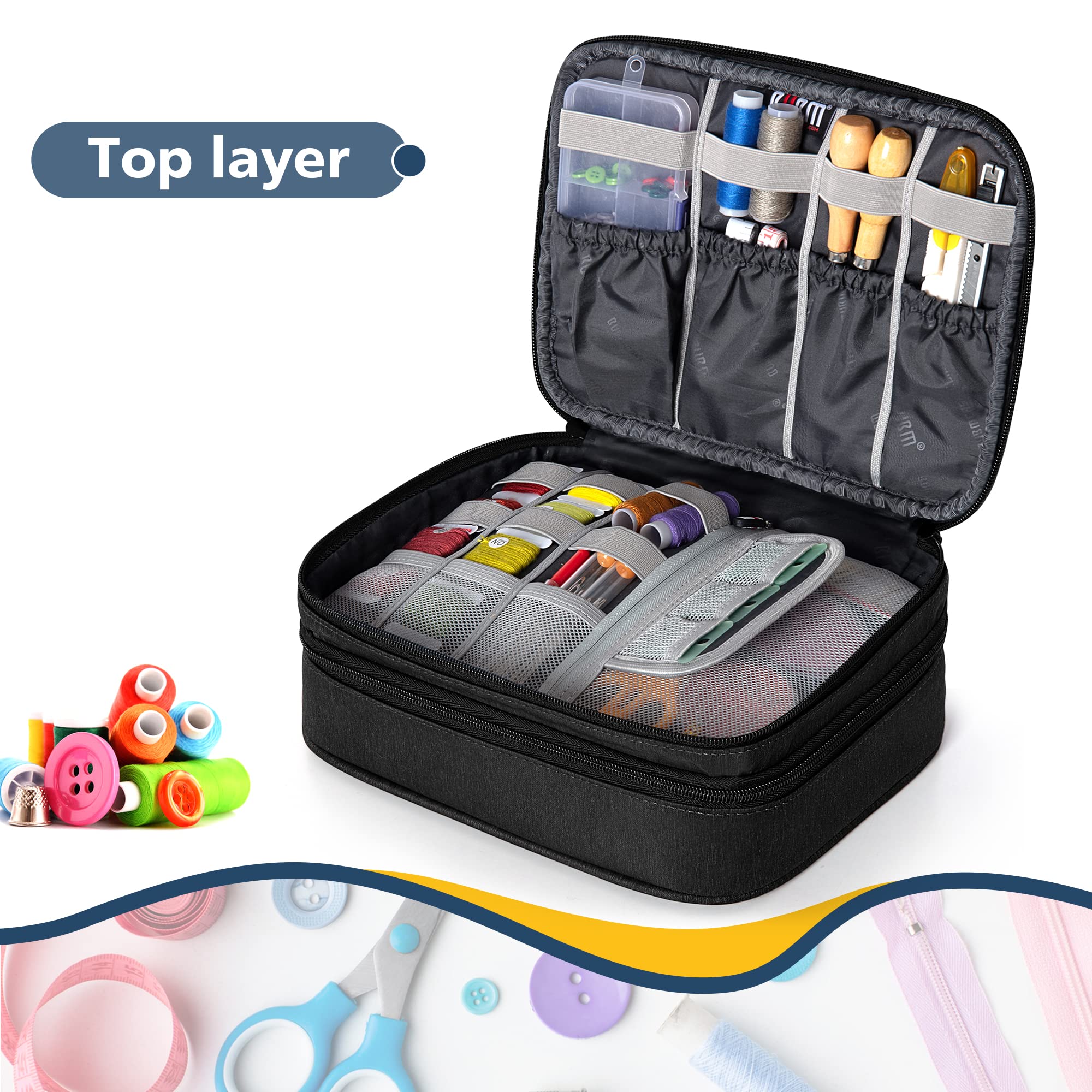 BUBM Double Layer Sewing Organizer with Detachable Dividers - Medium Black Sewing Kit Storage Bag for Needles, Thread & Notions | Perfect for Travel, Home Crafting & Sewing Projects