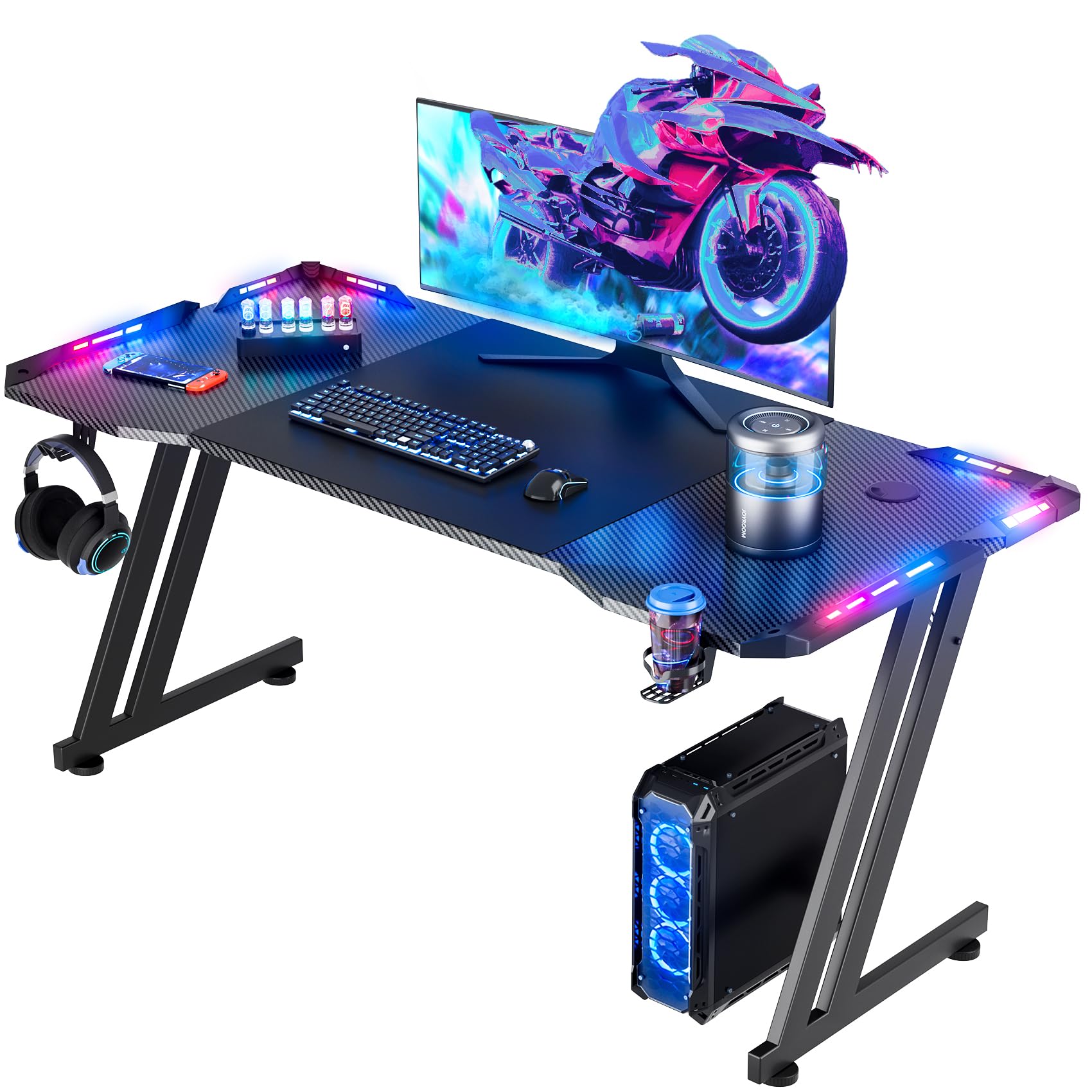 HLDIRECT 47 Inch LED Gaming Desk with Carbon Fiber Surface - Ergonomic Z-Shaped Computer Desk for Home Office | Cup Holder & Headphone Hook | Perfect for PC Gaming, Streaming & Workstations