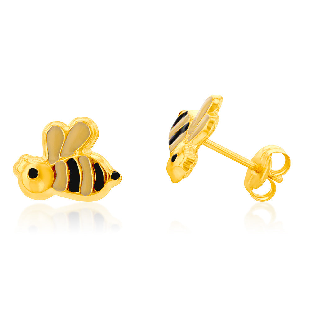 9ct Yellow Gold Bee Enamel Stud Earrings - Dainty Floral Jewelry for Women - Perfect for Everyday Wear, Gifts & Special Occasions