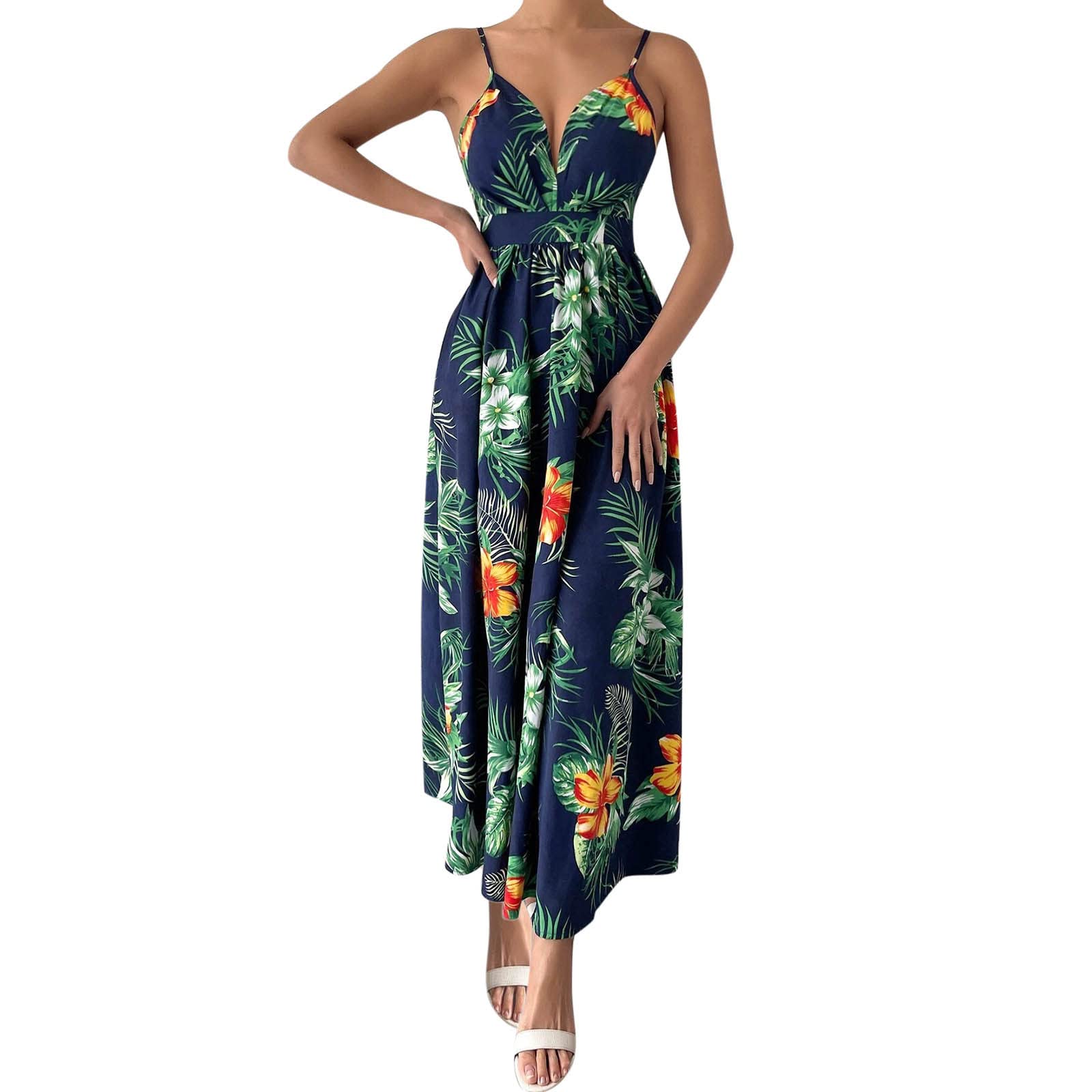 Women's Floral Print Sleeveless Maxi Dress - Stretchy V-Neck Summer Casual Long Dress for Beach, Vacation & Outdoor Events