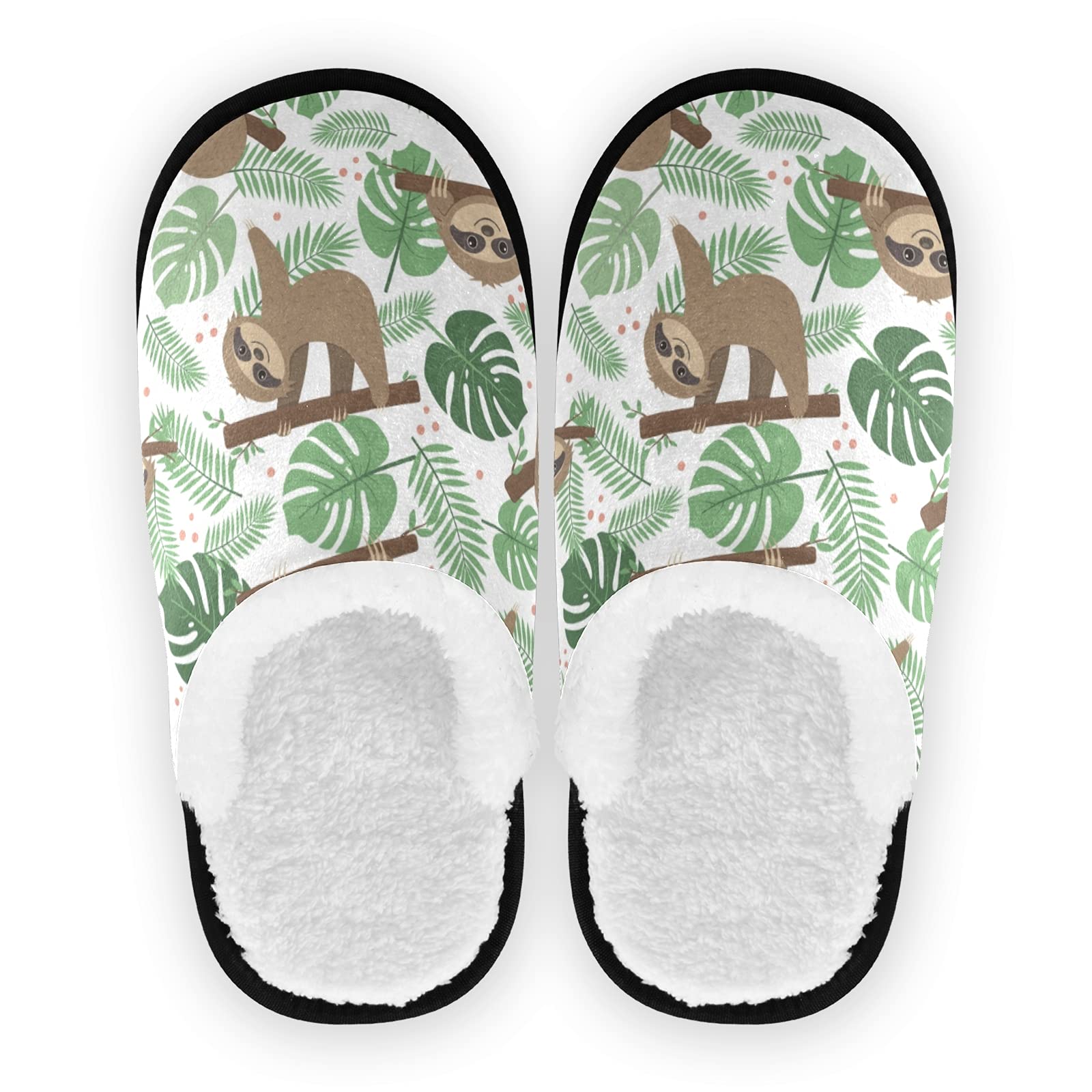 OTVEE Tropical Leaves & Cute Sloth Unisex Coral Fleece House Slippers - Anti-Slip Indoor Socks for Men & Women - Cozy Home Shoes for Relaxing, Lounging & Winter Comfort