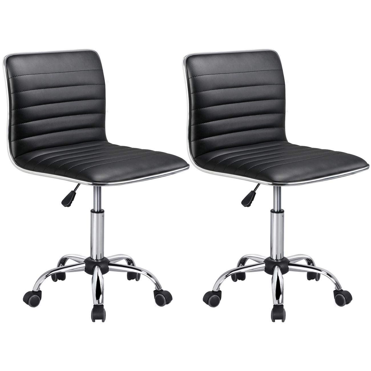 Yaheetech 2-Pack Black PU Leather Armless Low Back Swivel Office Chair with Wheels - Ergonomic Ribbed Design for Home, Office, and Gaming Desks