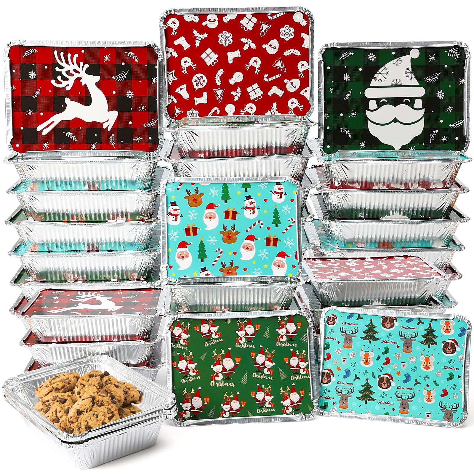 BYKITCHEN 30-Pack Christmas Aluminum Baking Pans with Lids - 8.4x6.1 Inch Rectangular Disposable Foil Cookie, Candy & Treat Containers for Holiday Food Storage, Gift Giving & Party Favors - Perfect for Christmas Baking, Cookie Exchanges & Holiday Treat Packaging