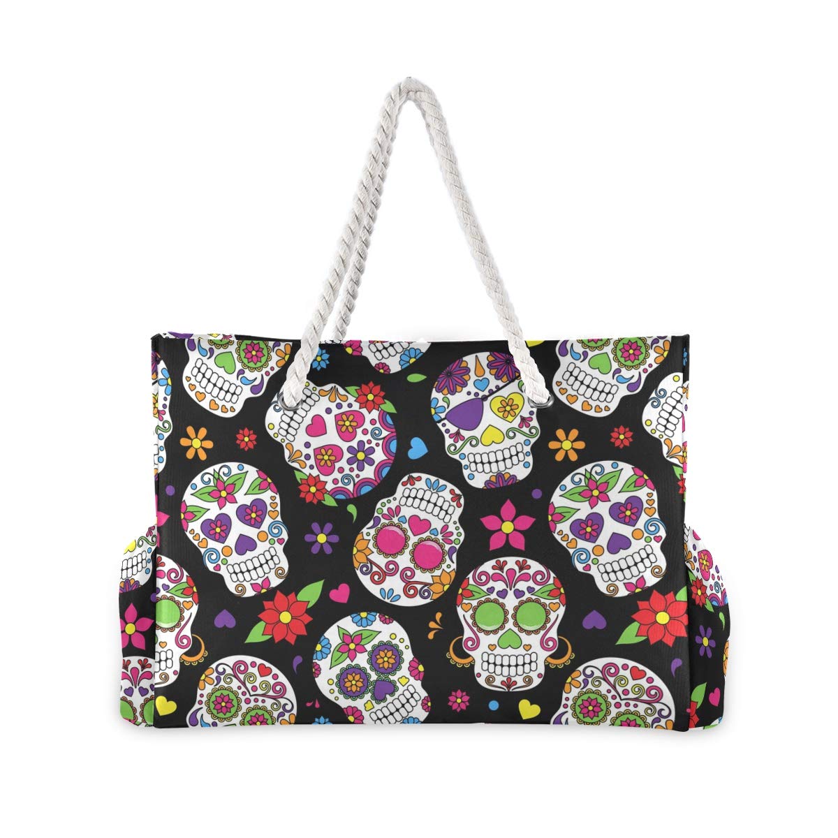ALAZA Sugar Skull Beach Tote Bag - Stylish Halloween & Day of the Dead Travel Bag for Women, Waterproof Camping & Gym Tote - Perfect for Beach Trips, Workouts & Festival Outings