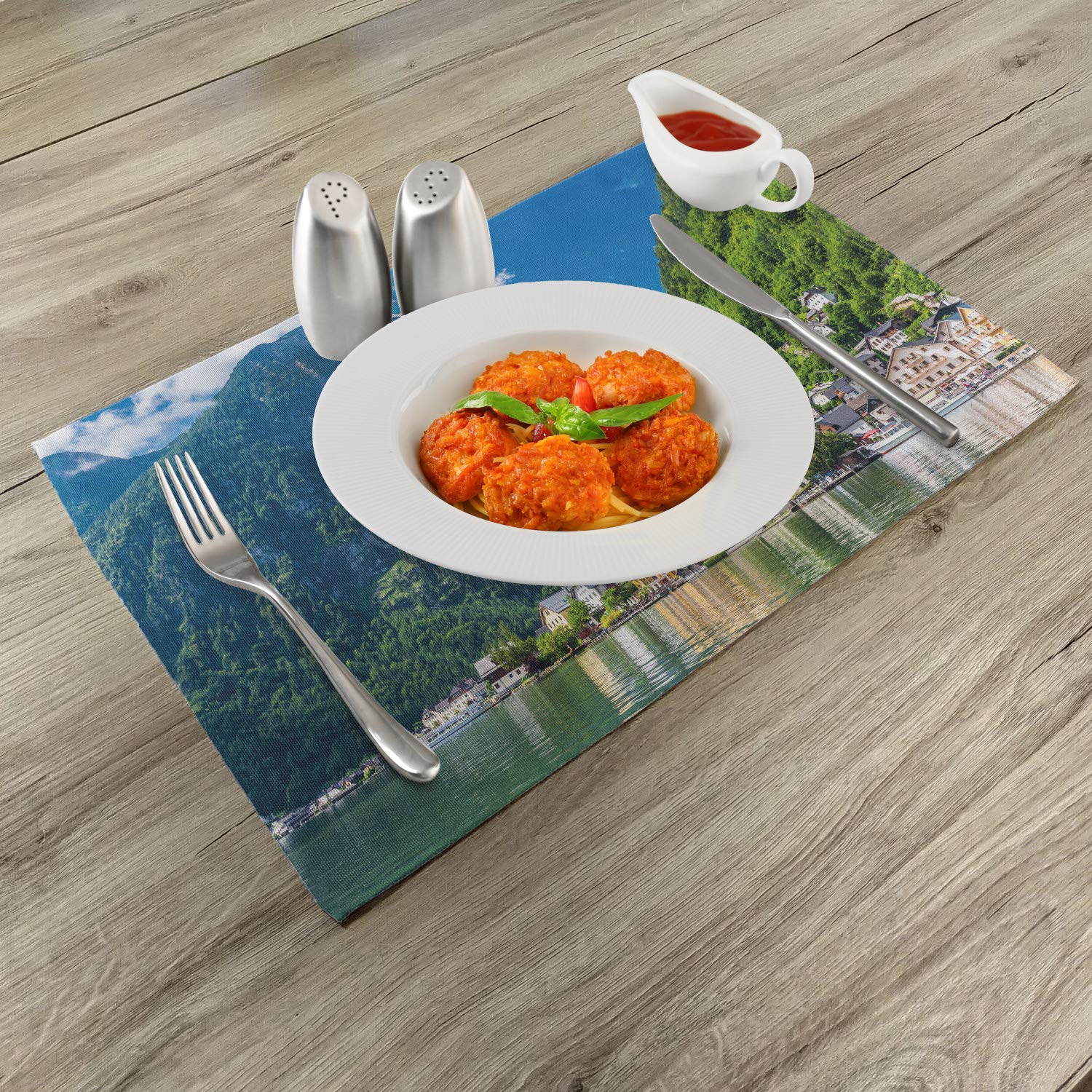Ambesonne 4-Piece Landscape Placemats Set - Hallstatt Austria Mountain Forest Town Scenery with Blue Sky - Washable Fabric Table Mats for Dining Room & Kitchen Decor in Green, Blue, White | Perfect for Dinner Parties, Holiday Gatherings & Home Decor