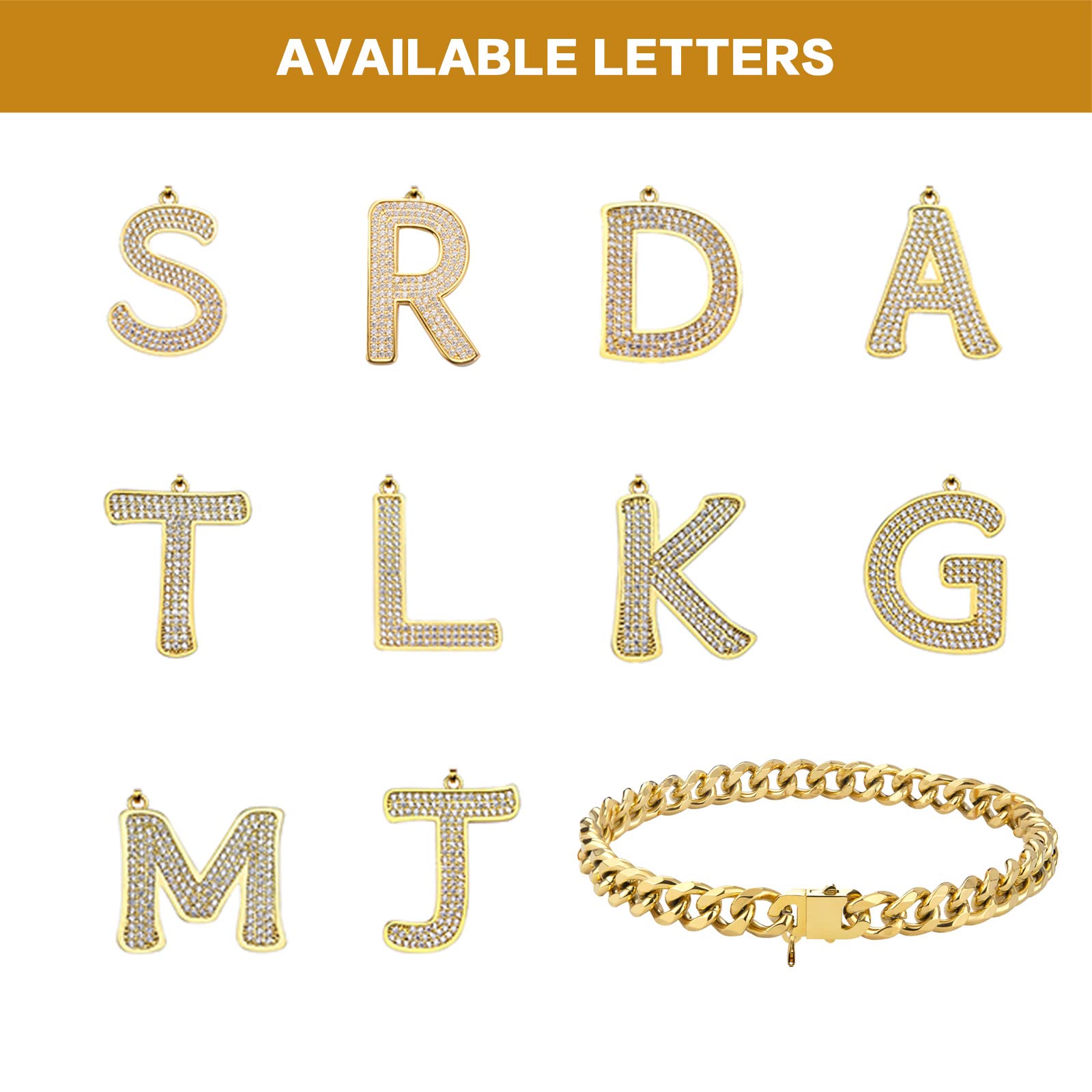 Personalized Gold Chain Dog Collar with Bling Zircons - Heavy Duty Chew Proof Cuban Link Metal Necklace for Medium & Large Dogs - Perfect for Pet Fashion, Special Occasions & Daily Walks (Letter M, 16IN)